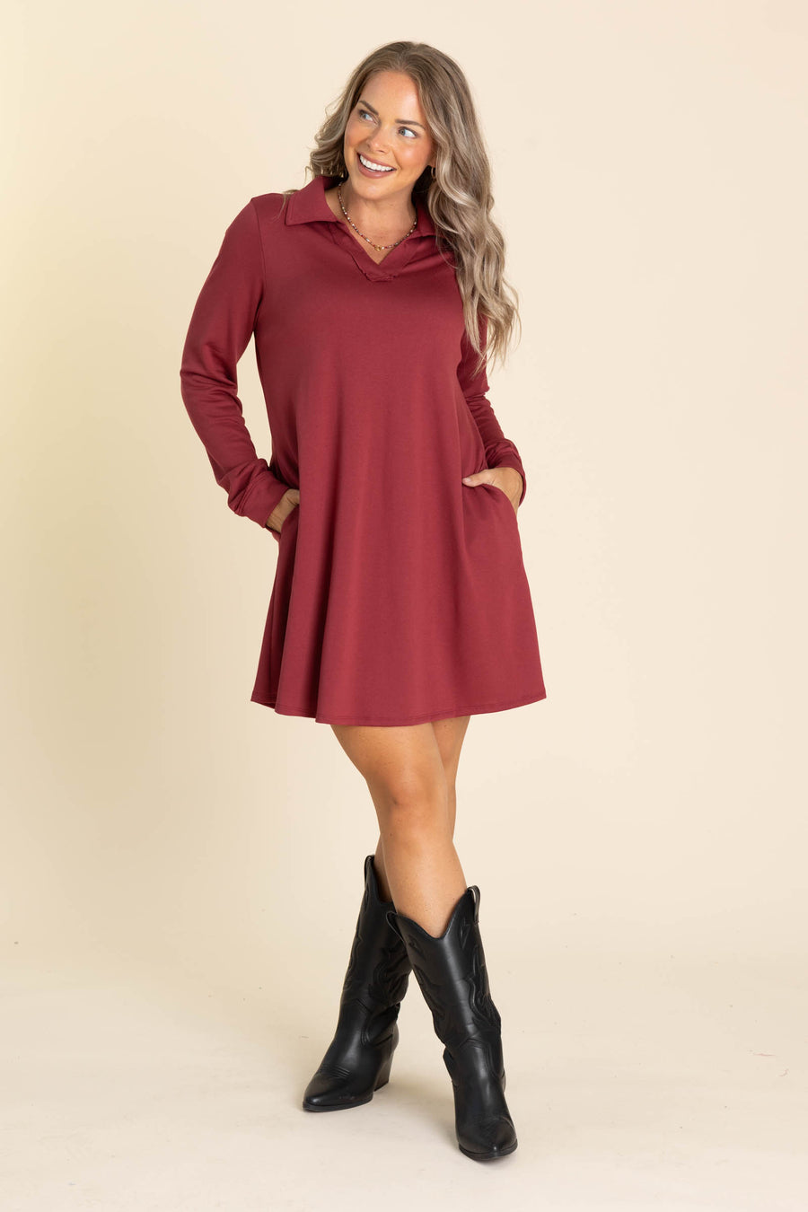 Collared Long Sleeve Knit Dresses With Pockets