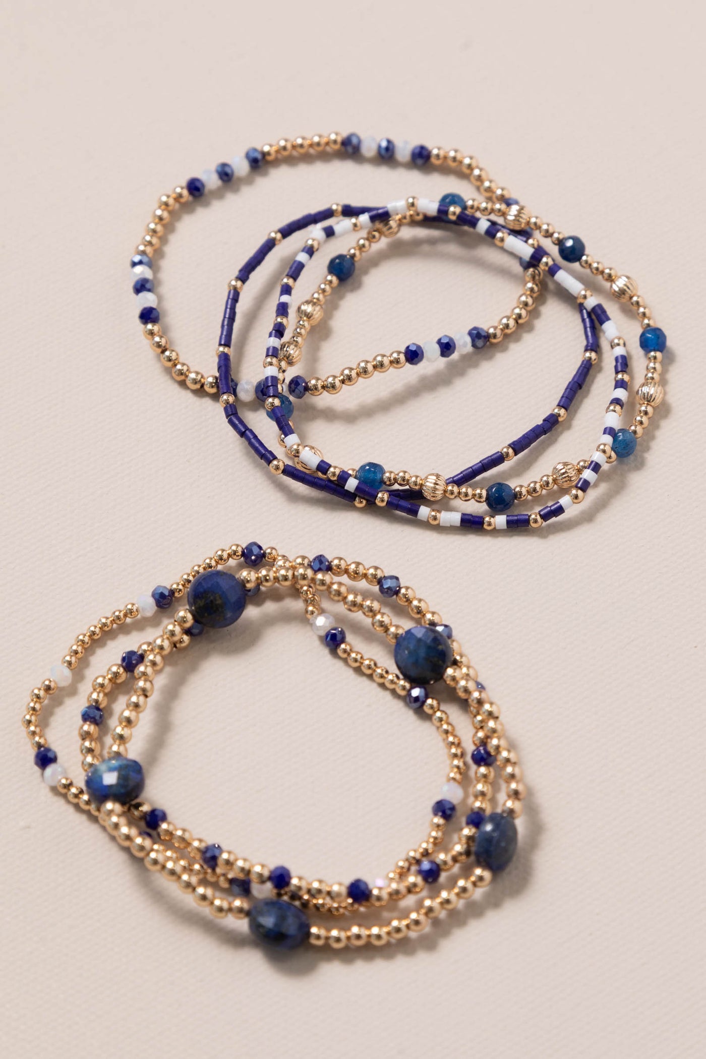 Navy Set Of Seven Beaded Stretch Bracelets
