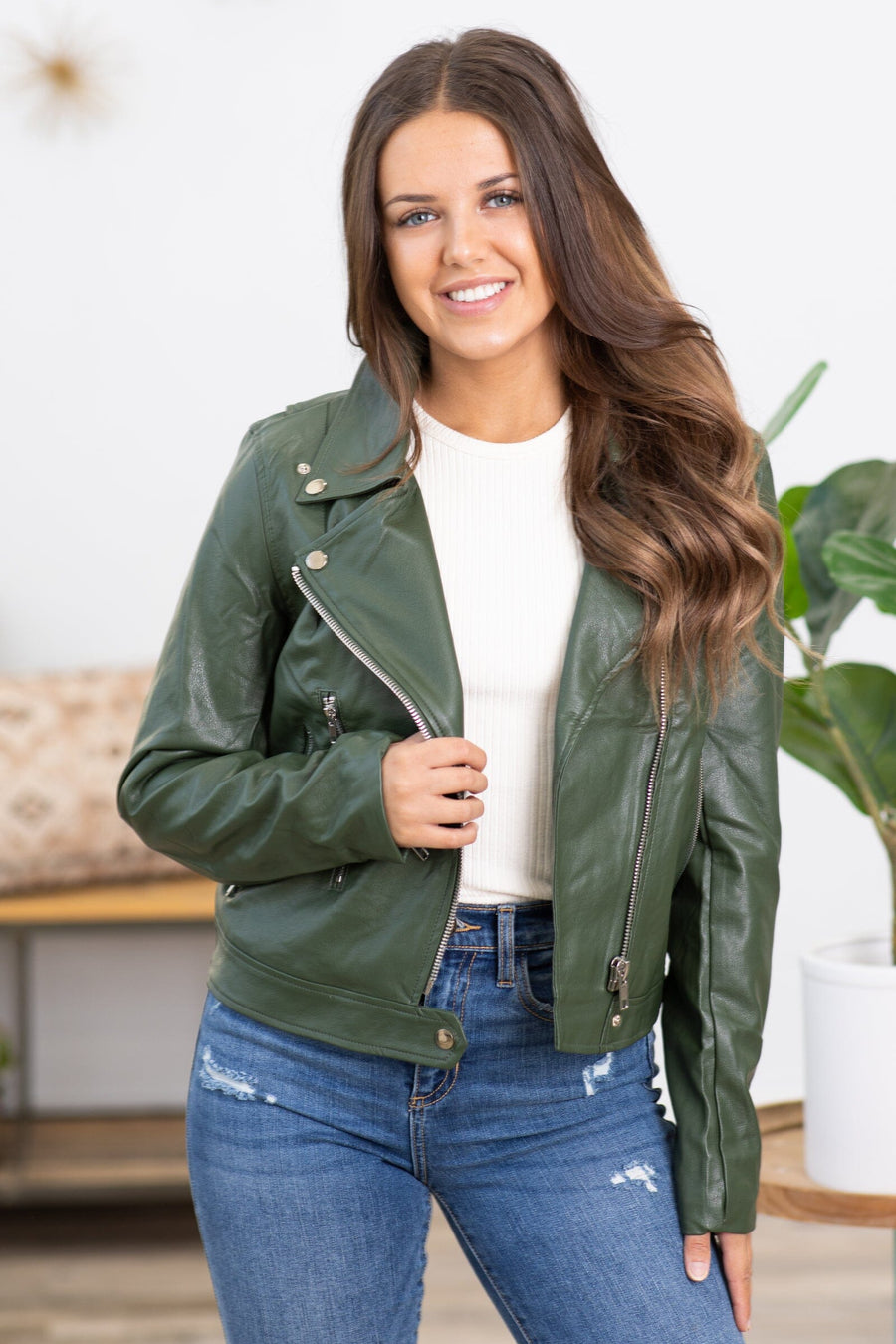 Olive Faux Leather Moto Jacket - Filly Flair