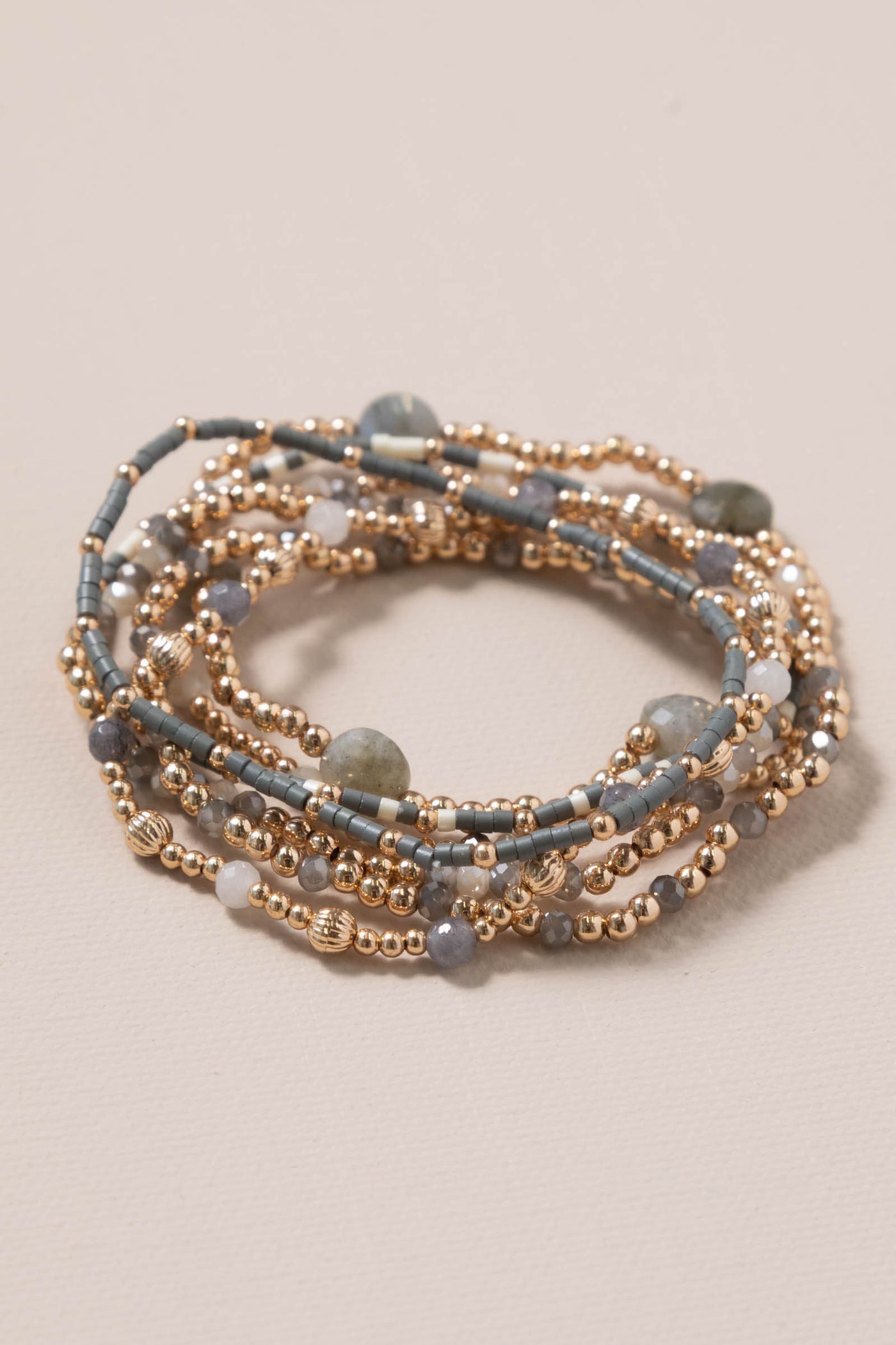 Gray Set of Seven Stretch Beaded Bracelets