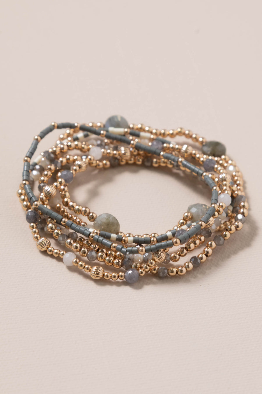 Gray Set of Seven Stretch Beaded Bracelets