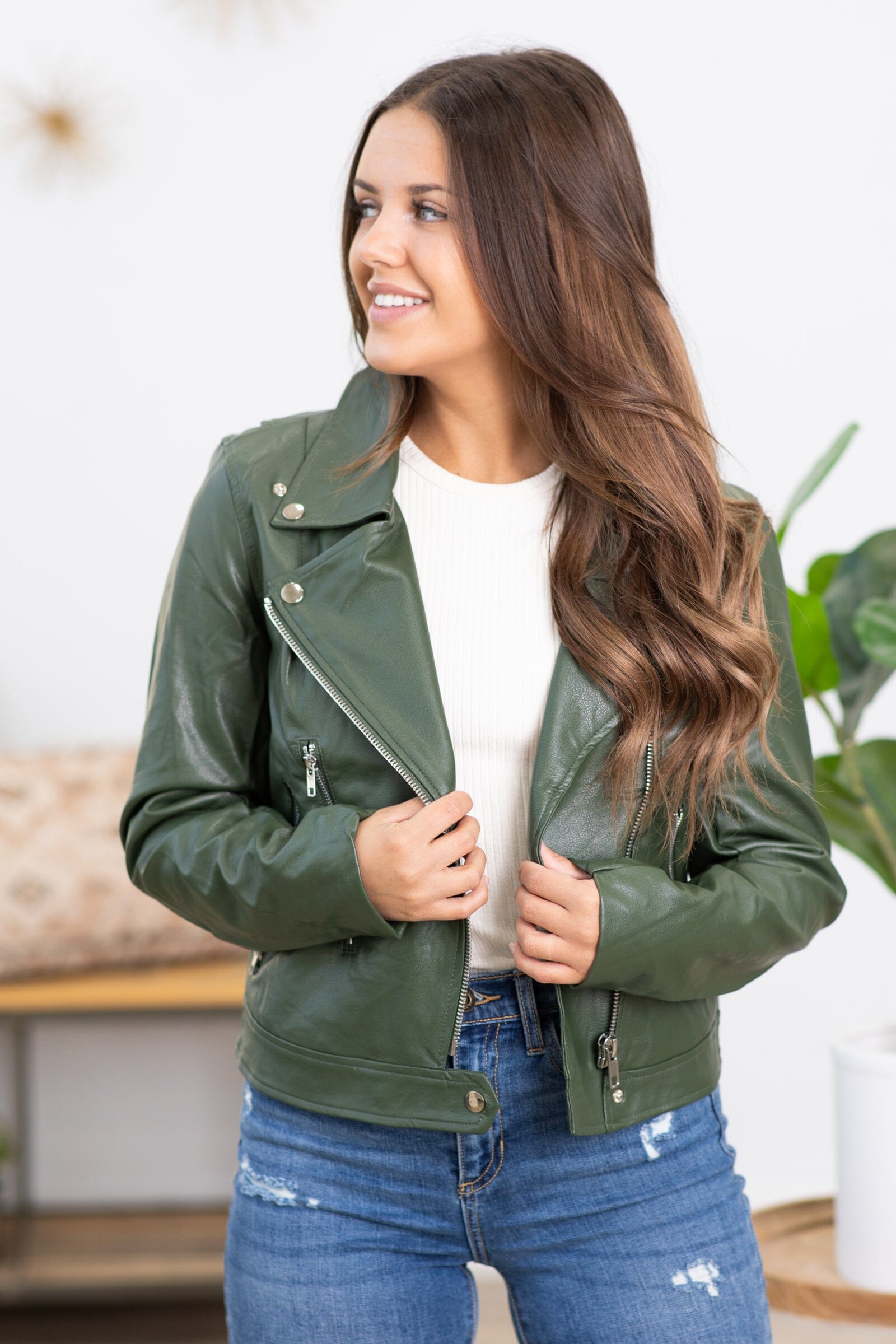 Olive Faux Leather Moto Jacket - Filly Flair