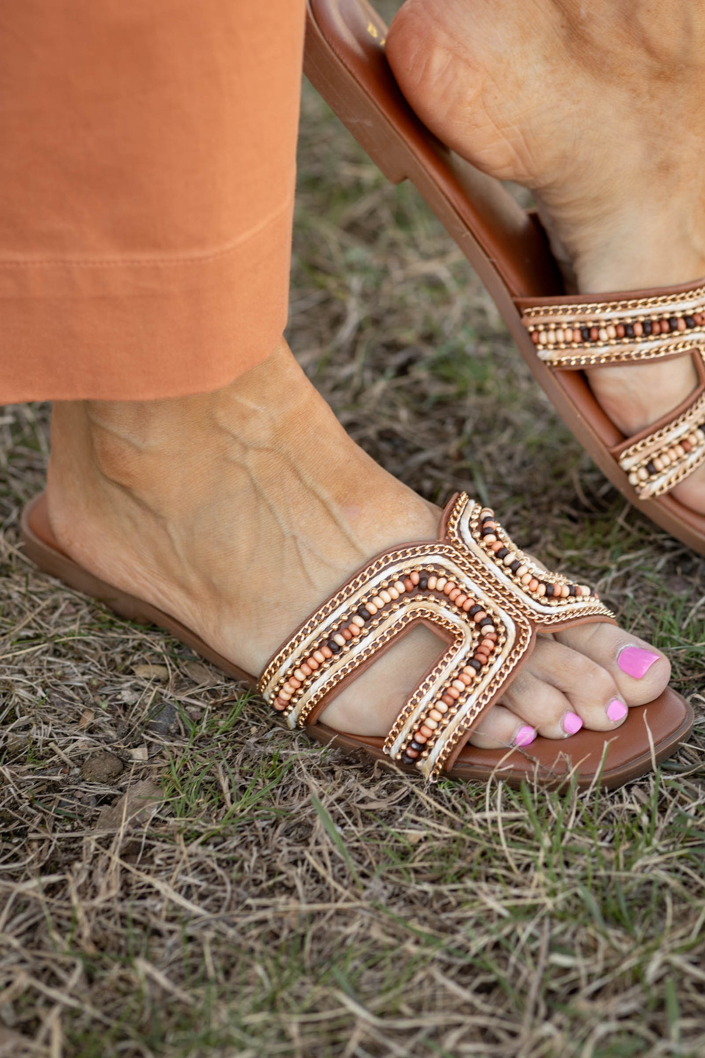 Multi-texture Artisan Beaded Slide Sandals