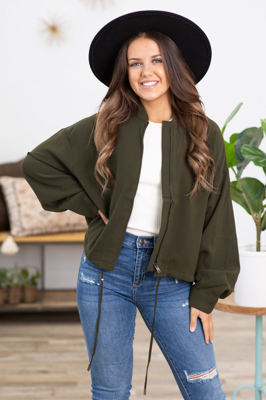 Army Green Adjustable Drawstring Waist Jacket - Filly Flair