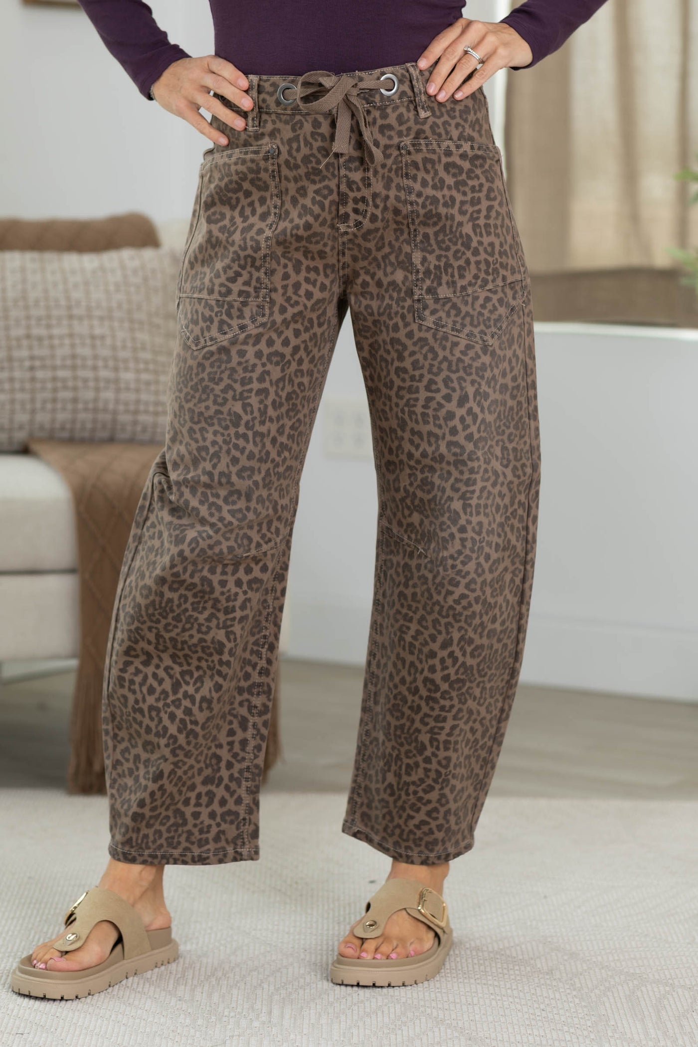 Risen Brown Leopard Barrel Jeans with Tie Waist