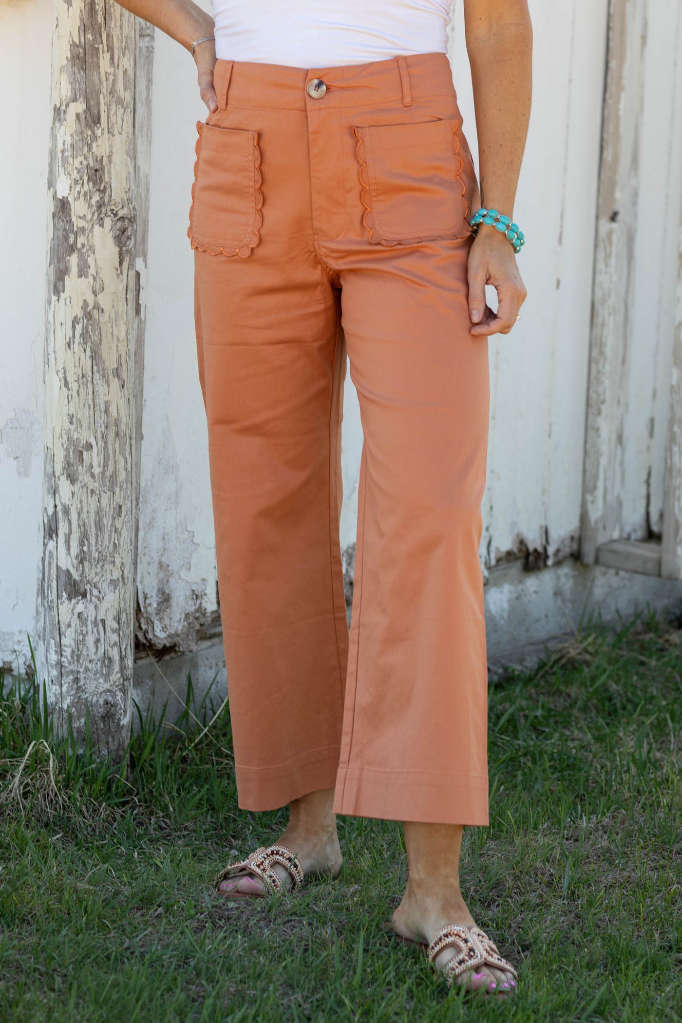 Orange Scalloped Pocket Straight Leg Pants