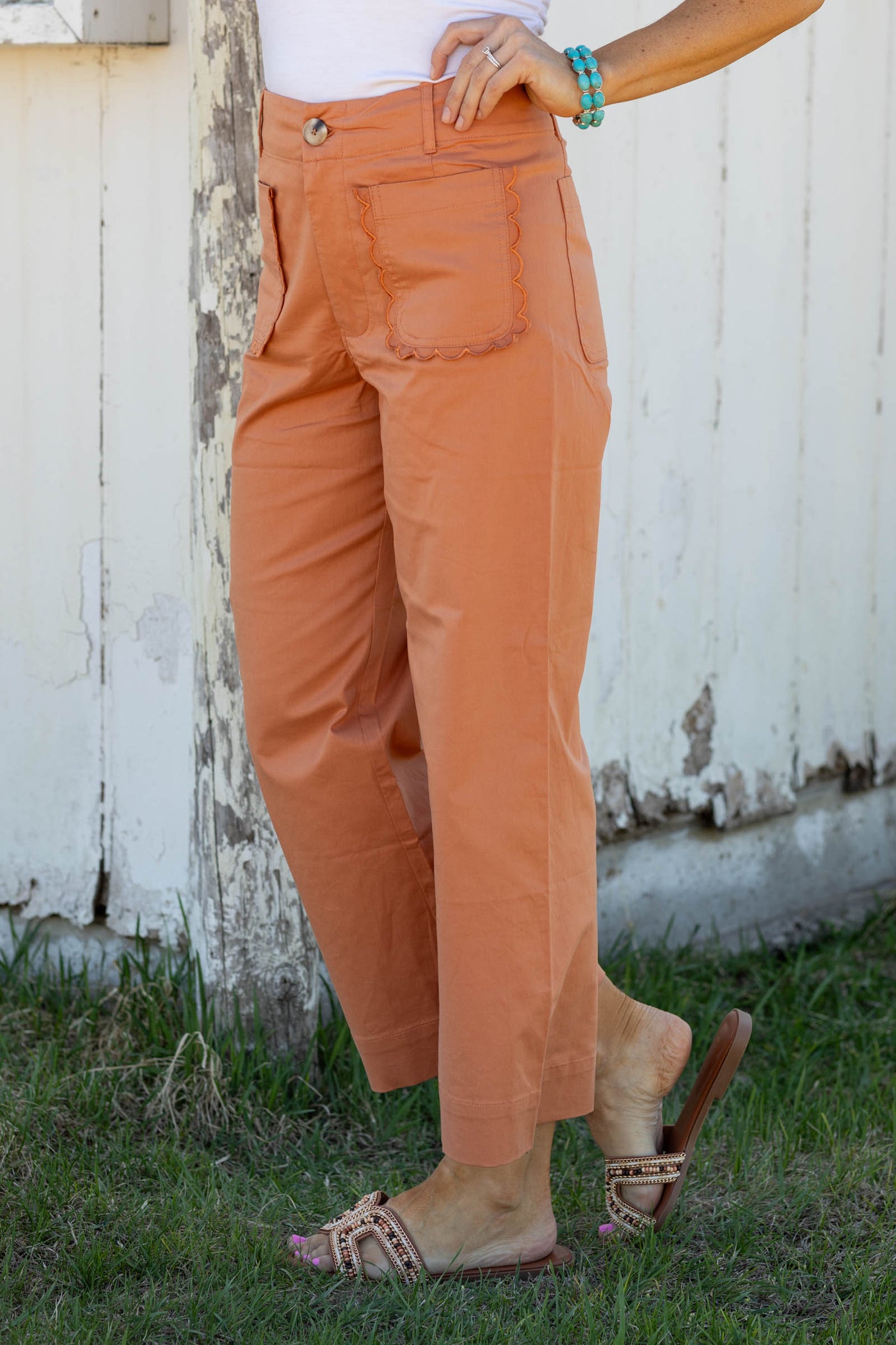 Orange Scalloped Pocket Straight Leg Pants