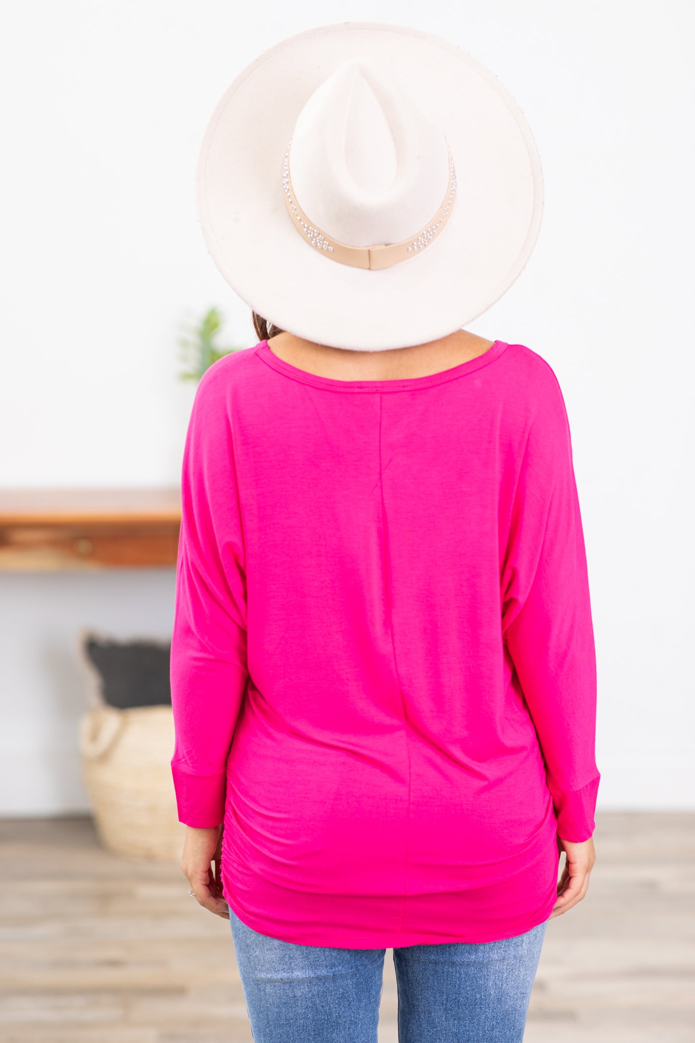 Hot Pink Dolman Sleeve Shirred Side Top