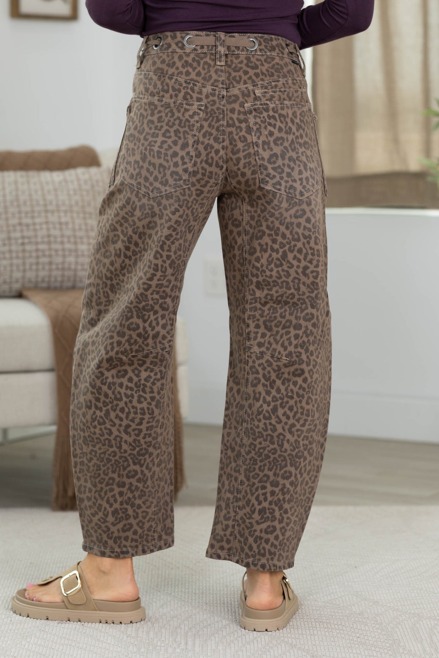 Risen Brown Leopard Barrel Jeans with Tie Waist