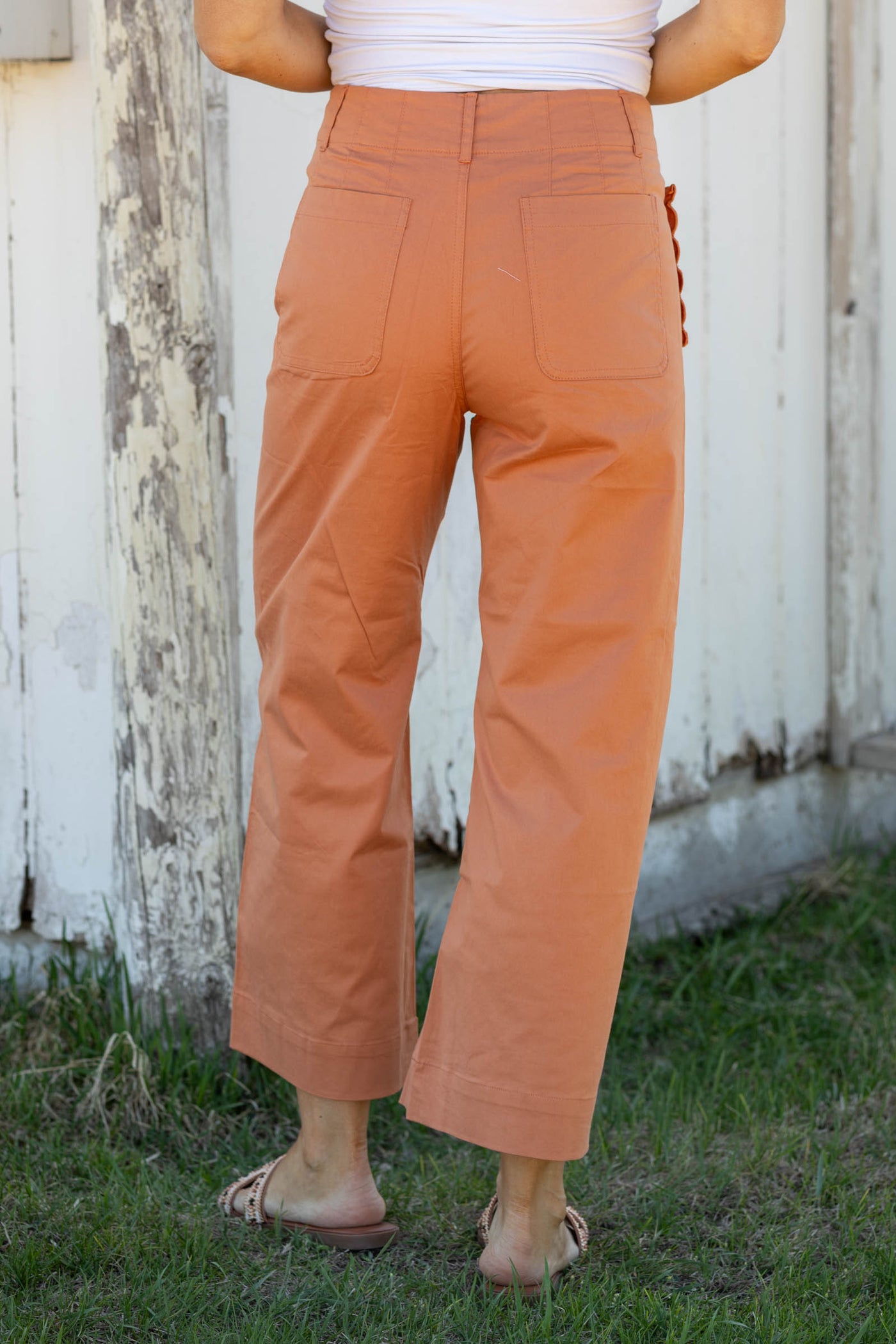 Orange Scalloped Pocket Straight Leg Pants