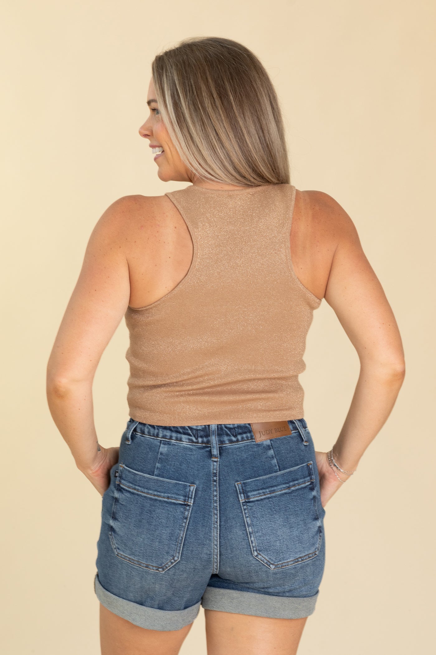 Taupe High Neck Racer Back Knit Tank Top