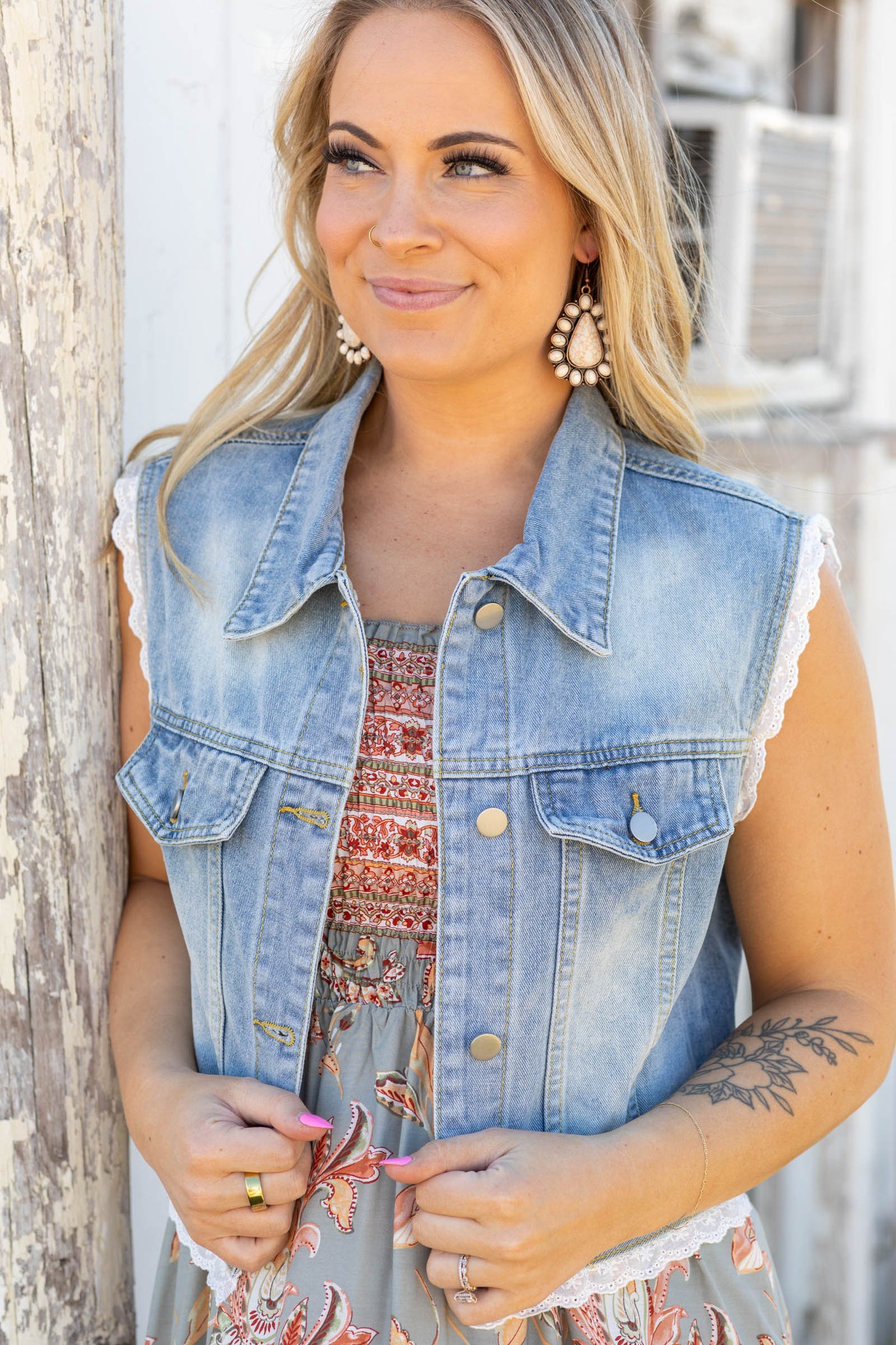 Denim Vest With Lace Trim