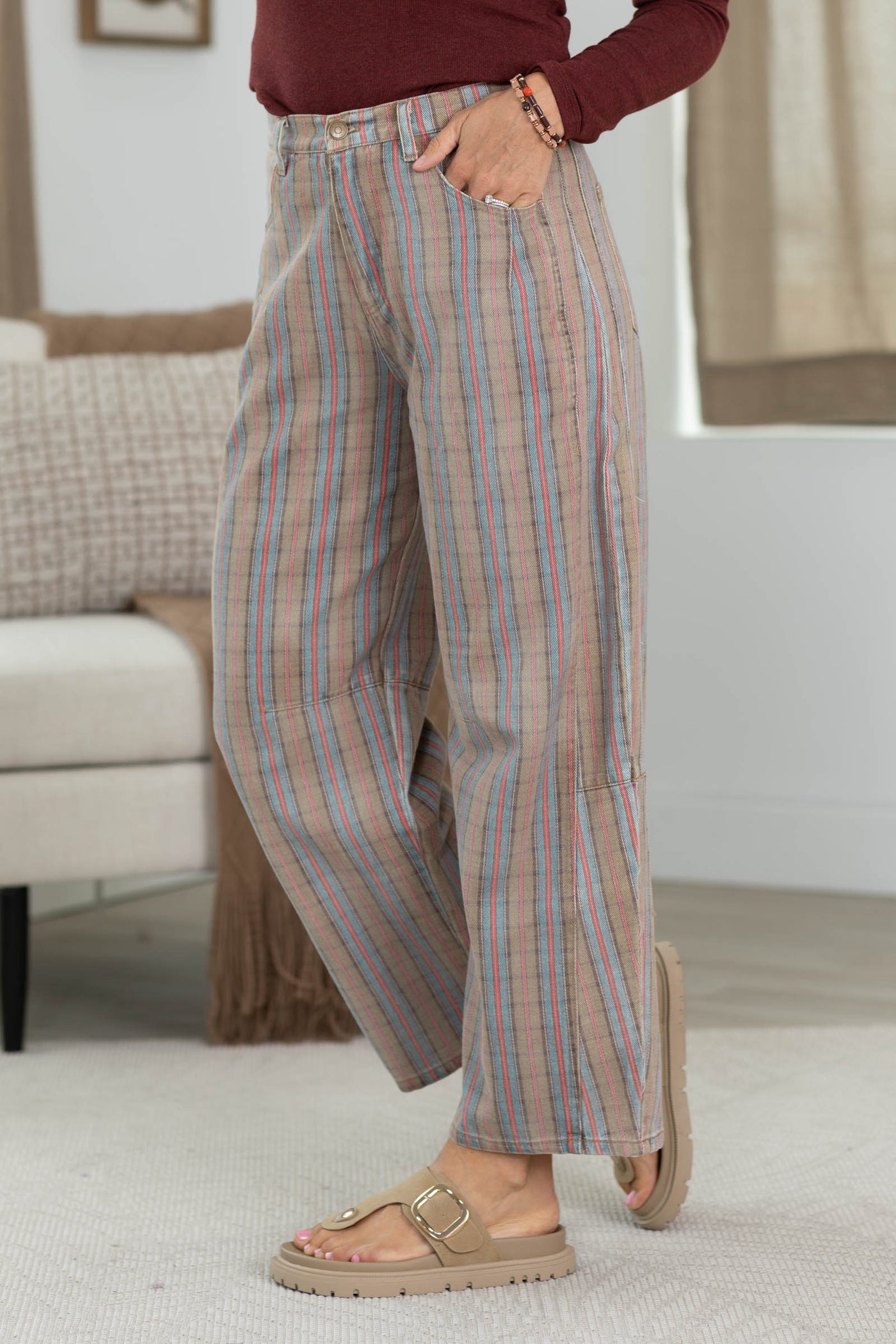 Mocha Multicolor Striped Pants- 100% Cotton