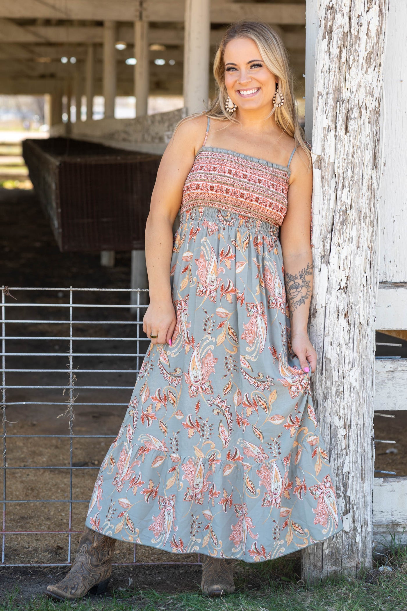Sage Grey Smocked Tie Shoulder Maxi Dress
