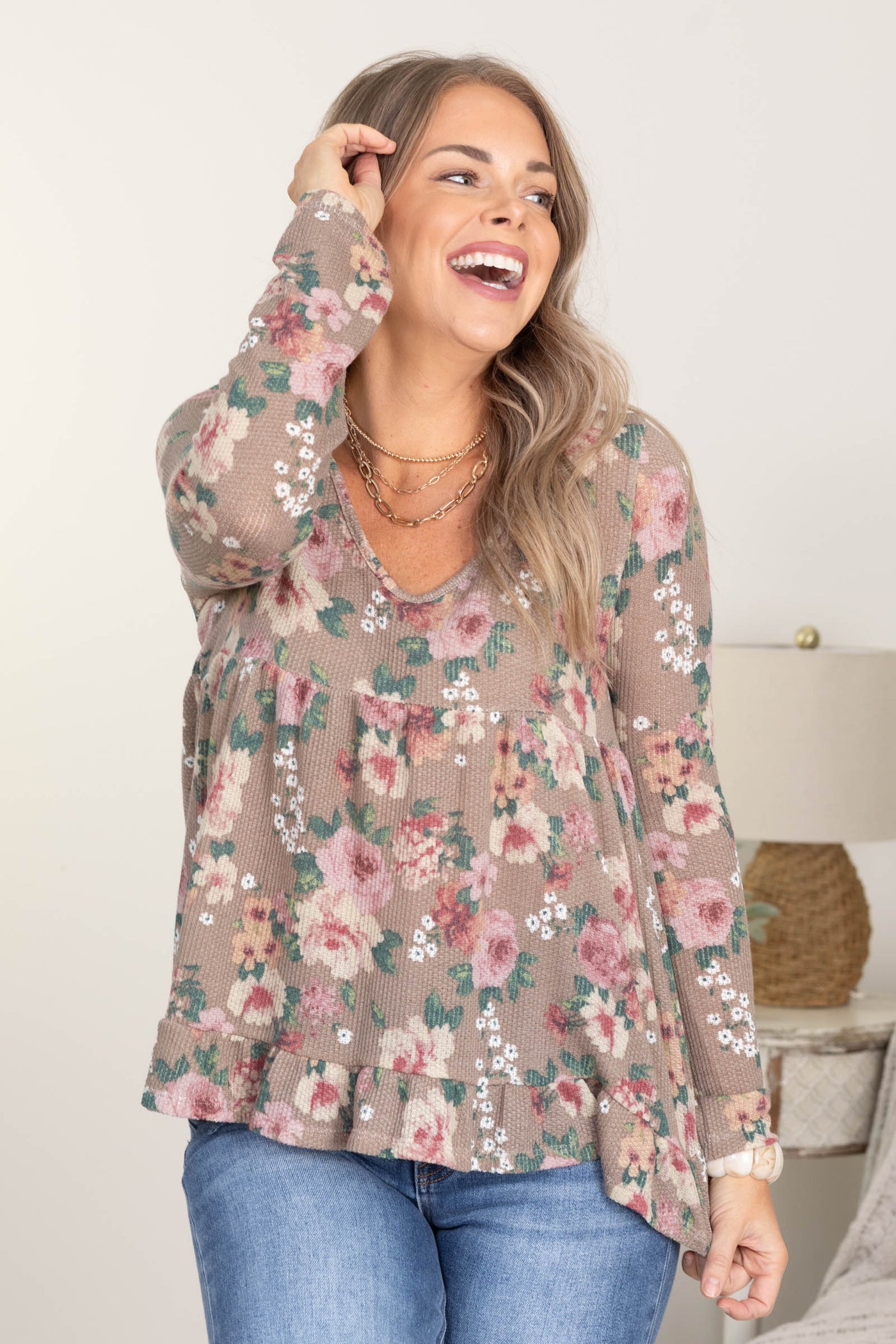 Mocha Floral Waffle Babydoll Knit Top