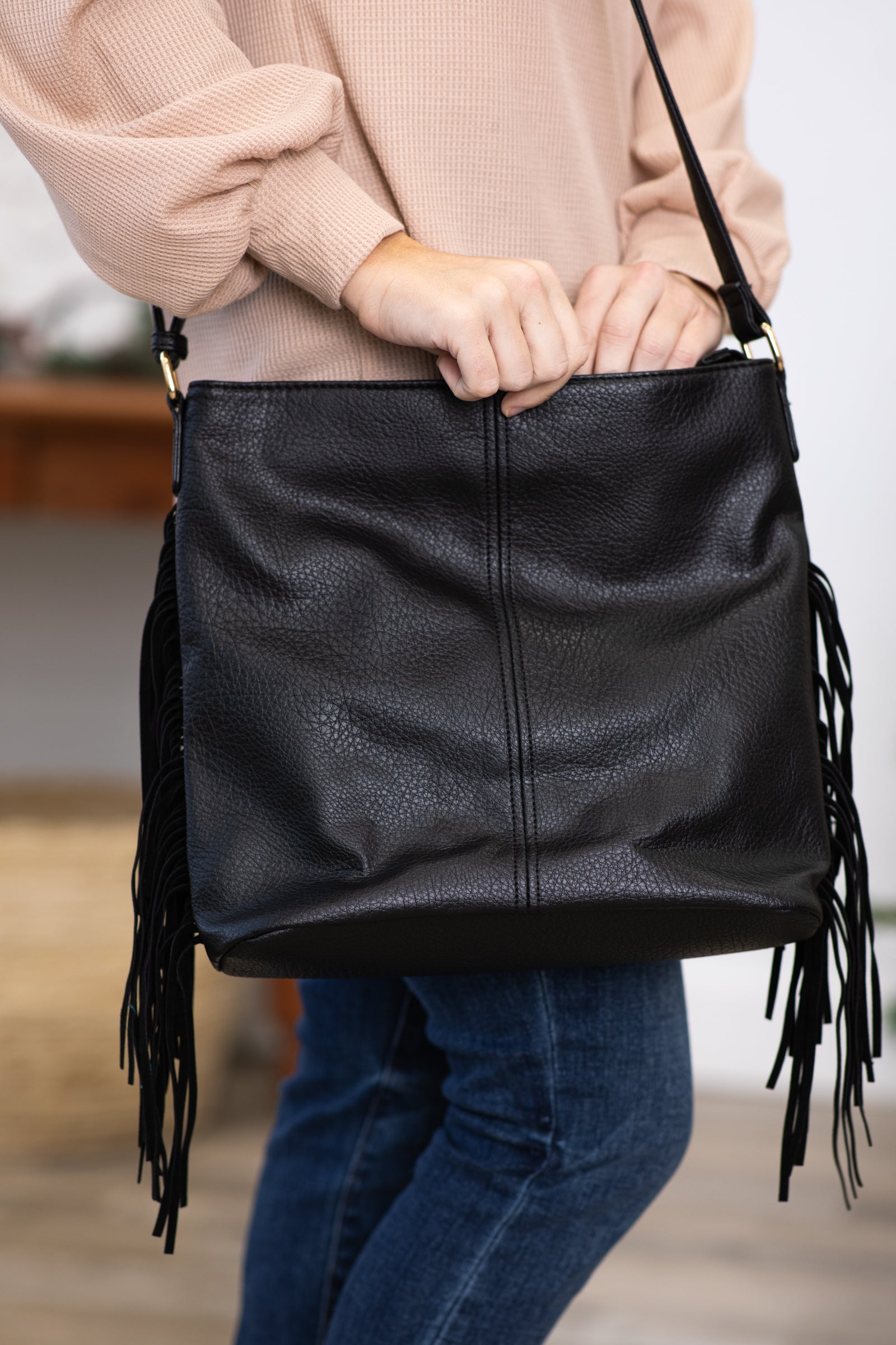 Black Fringe Trim Handbag