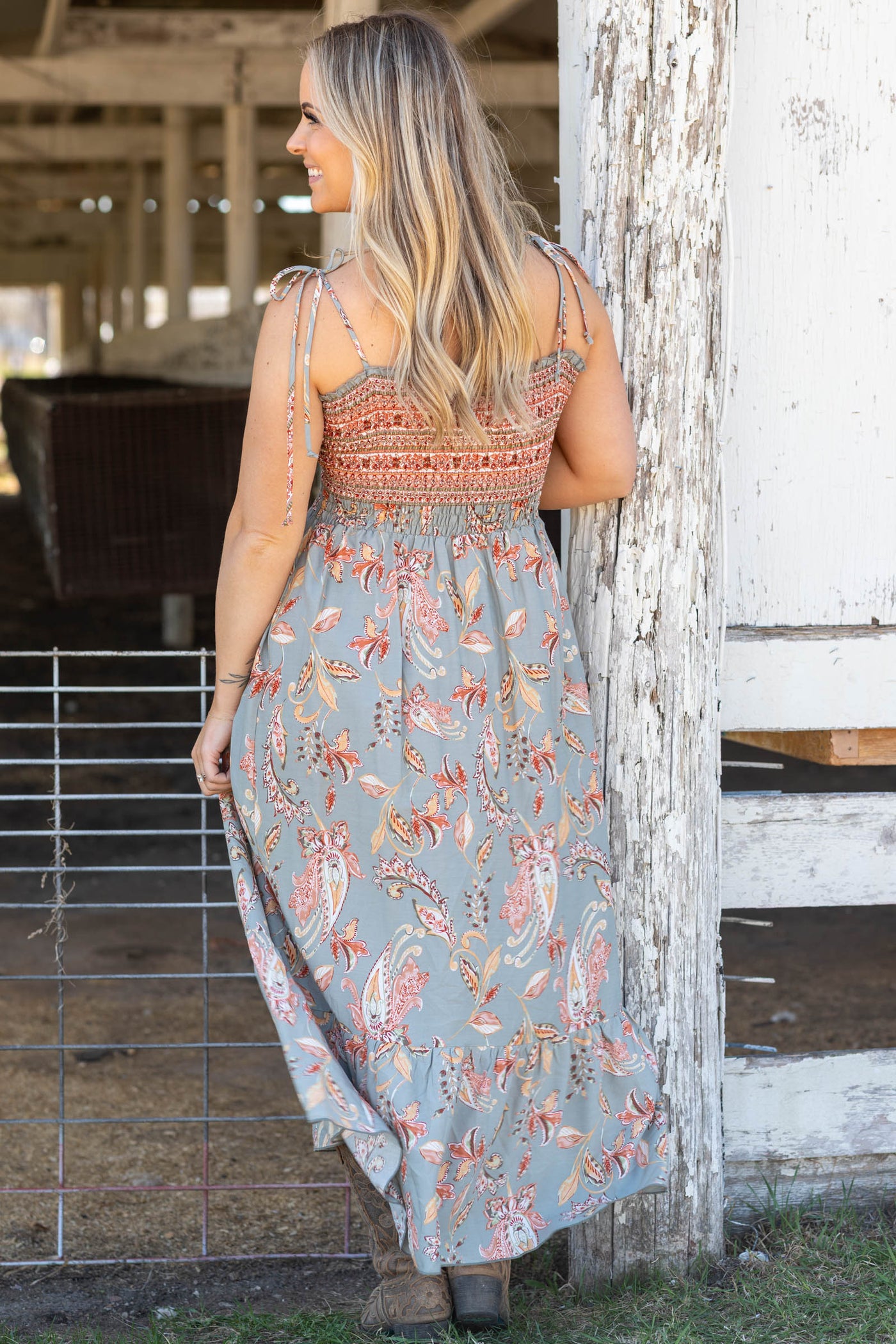 Sage Grey Smocked Tie Shoulder Maxi Dress