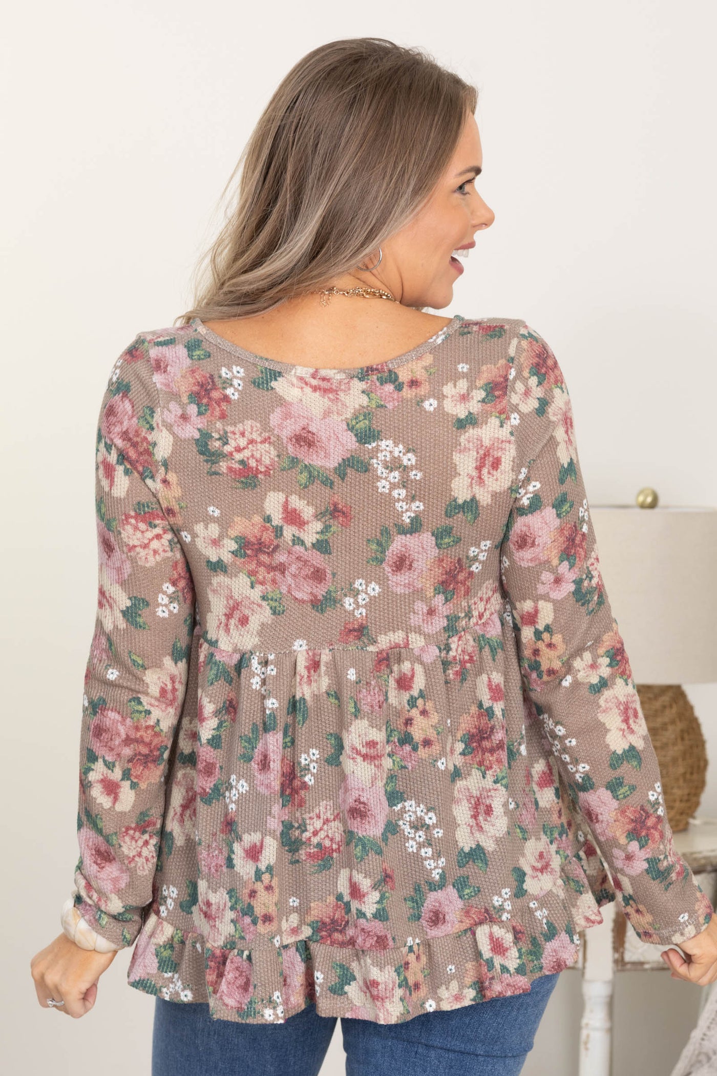 Mocha Floral Waffle Babydoll Knit Top