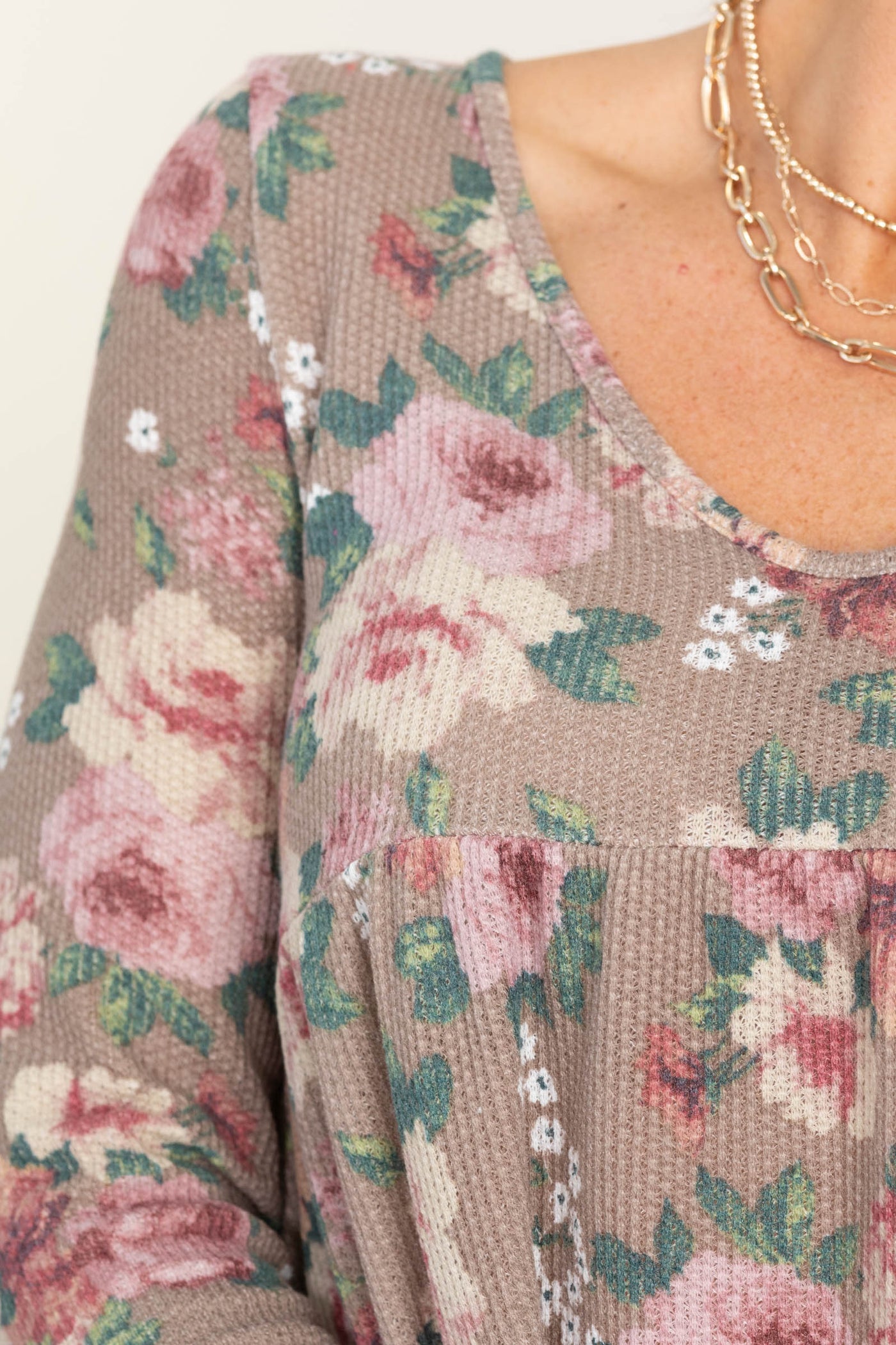 Mocha Floral Waffle Babydoll Knit Top
