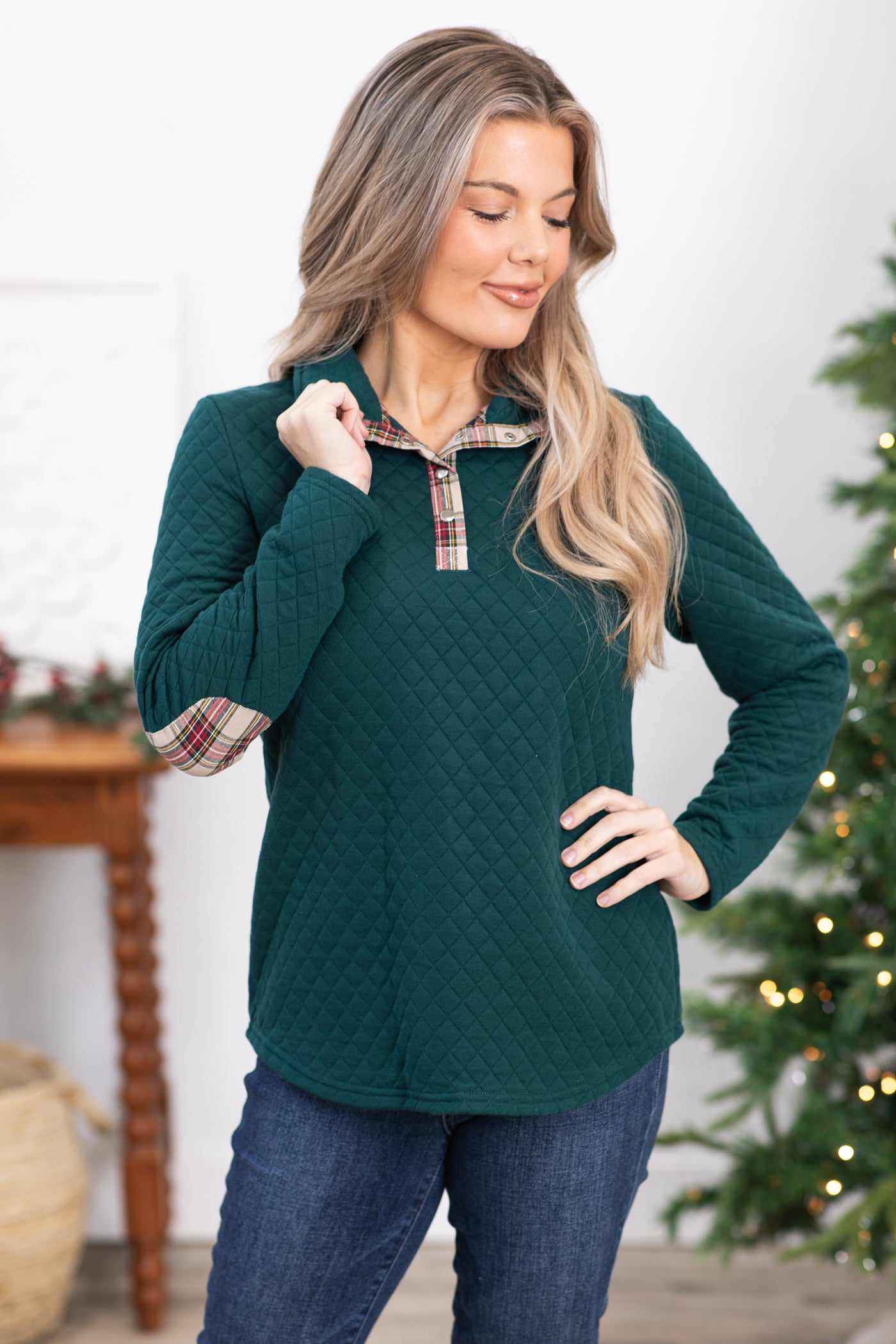 Emerald Green Quilted Pullover With Plaid