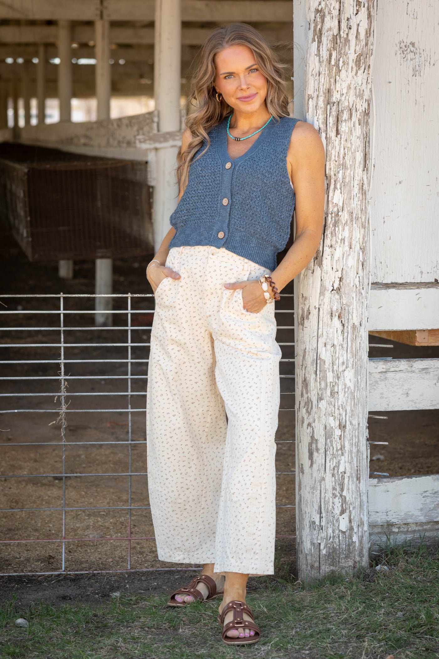 Cream Ditsy Floral Print Lace Stripe Barrel Pants