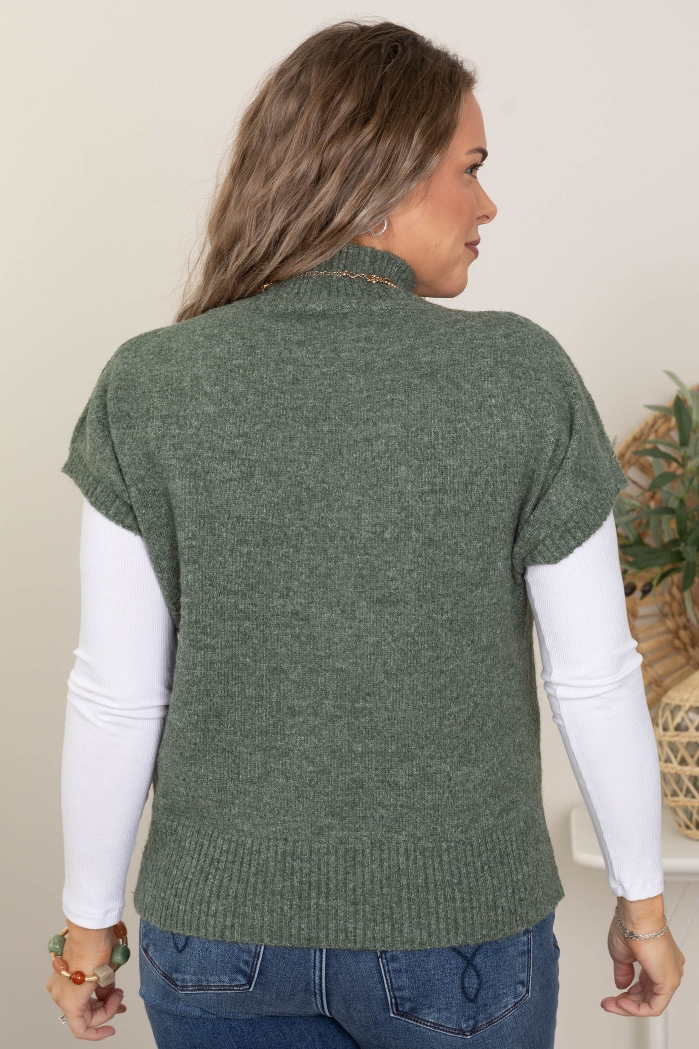 Dark Sage Mock Neck Solid Sweater Vest