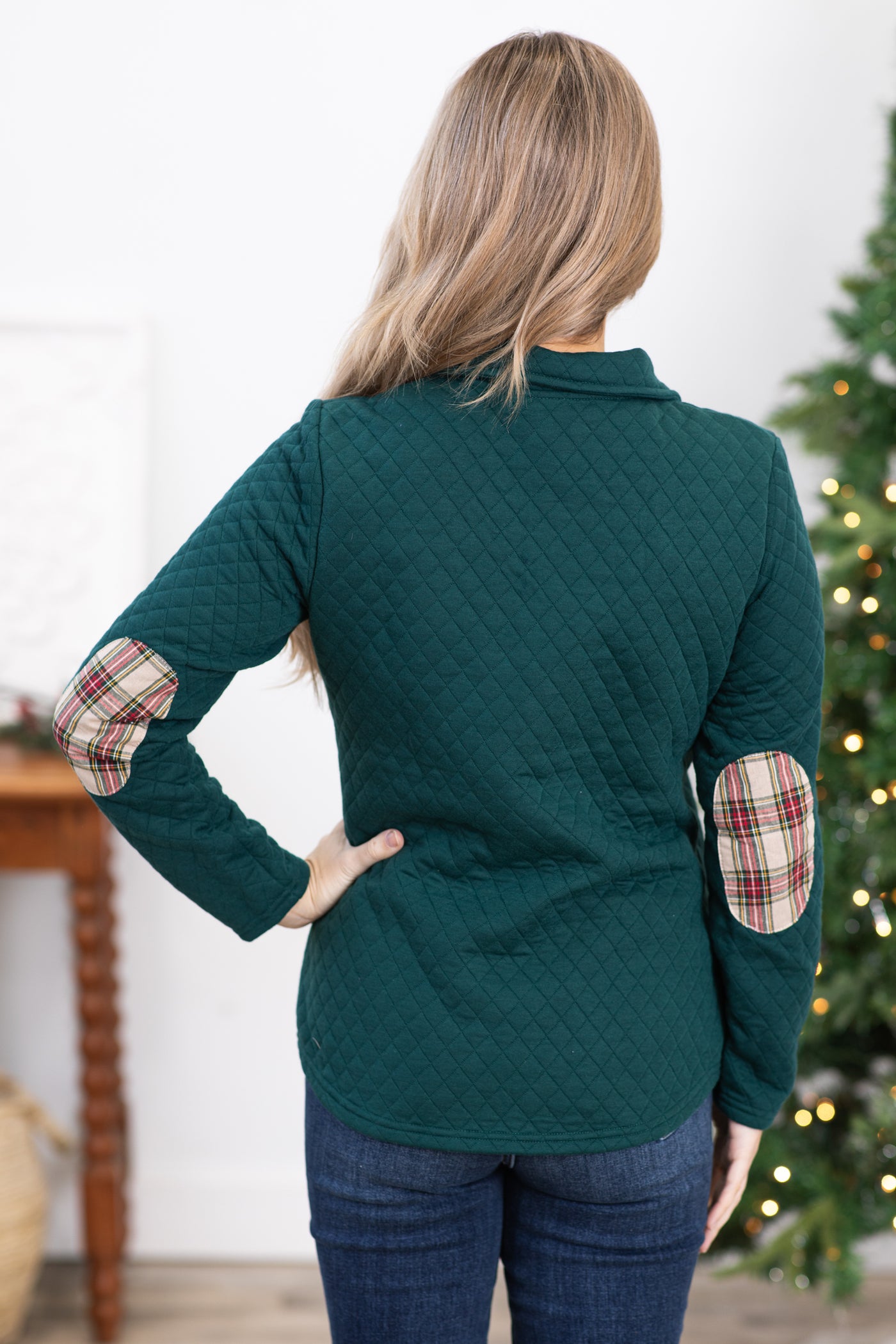 Emerald Green Quilted Pullover With Plaid