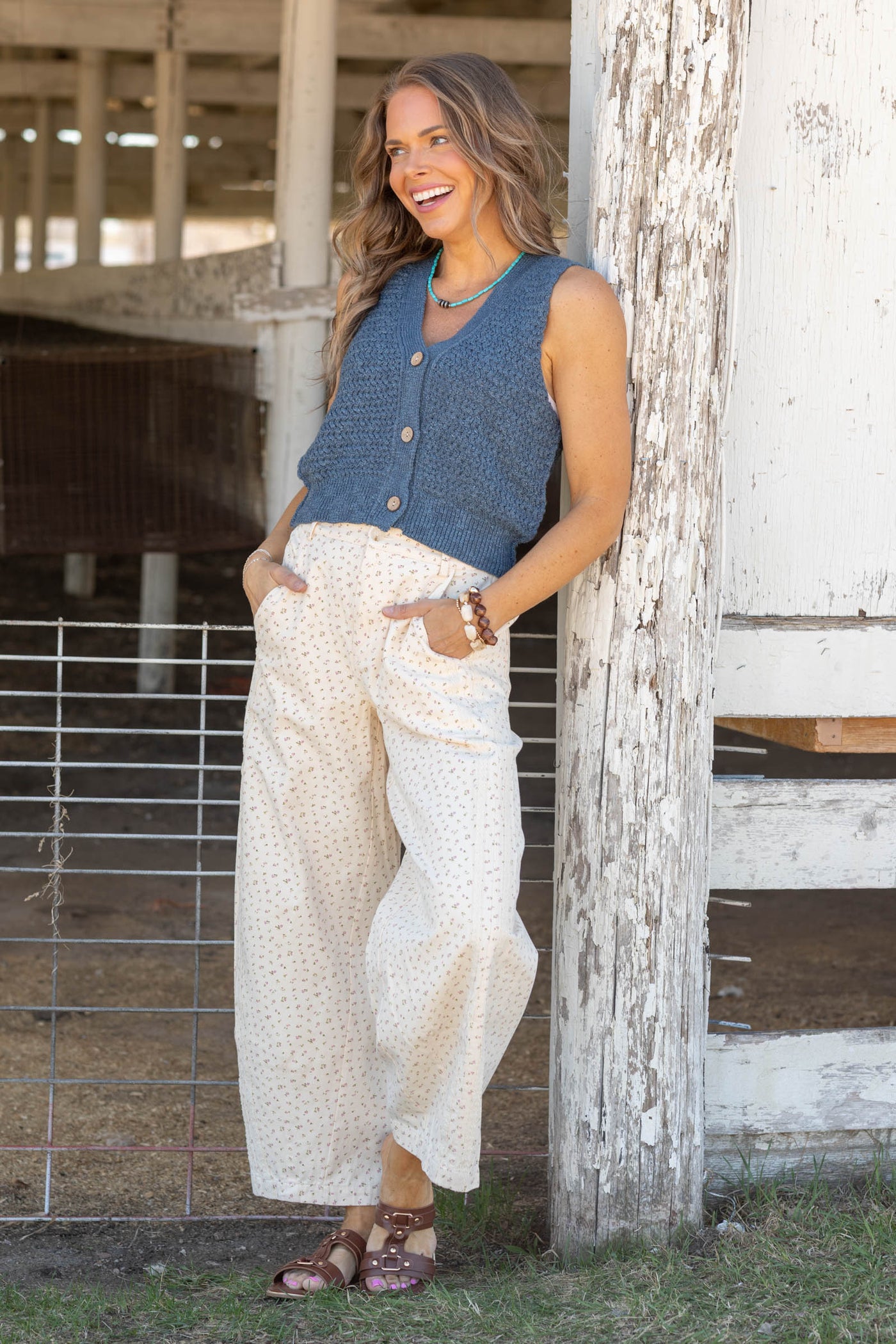 Cream Ditsy Floral Print Lace Stripe Barrel Pants