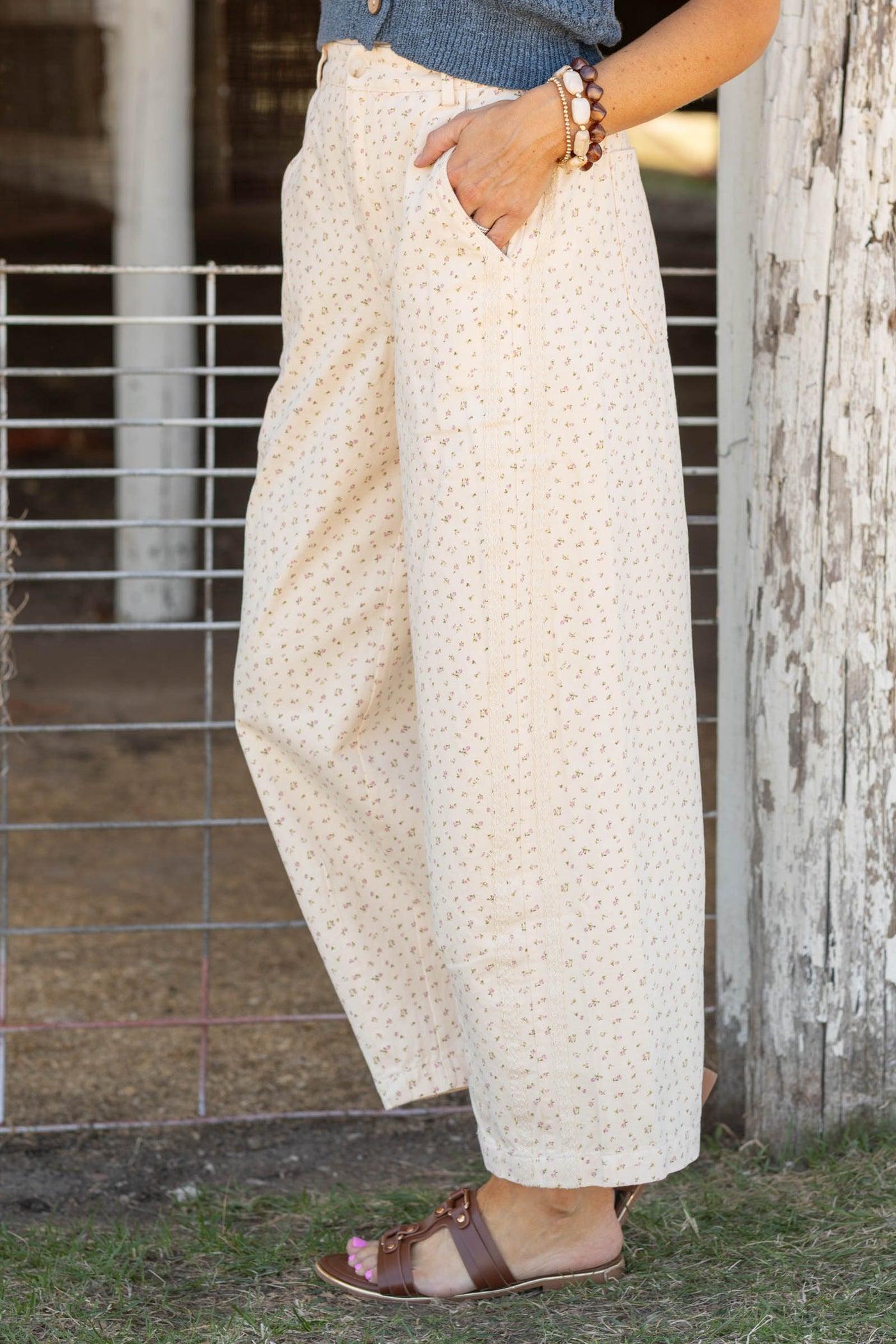 Cream Ditsy Floral Print Lace Stripe Barrel Pants