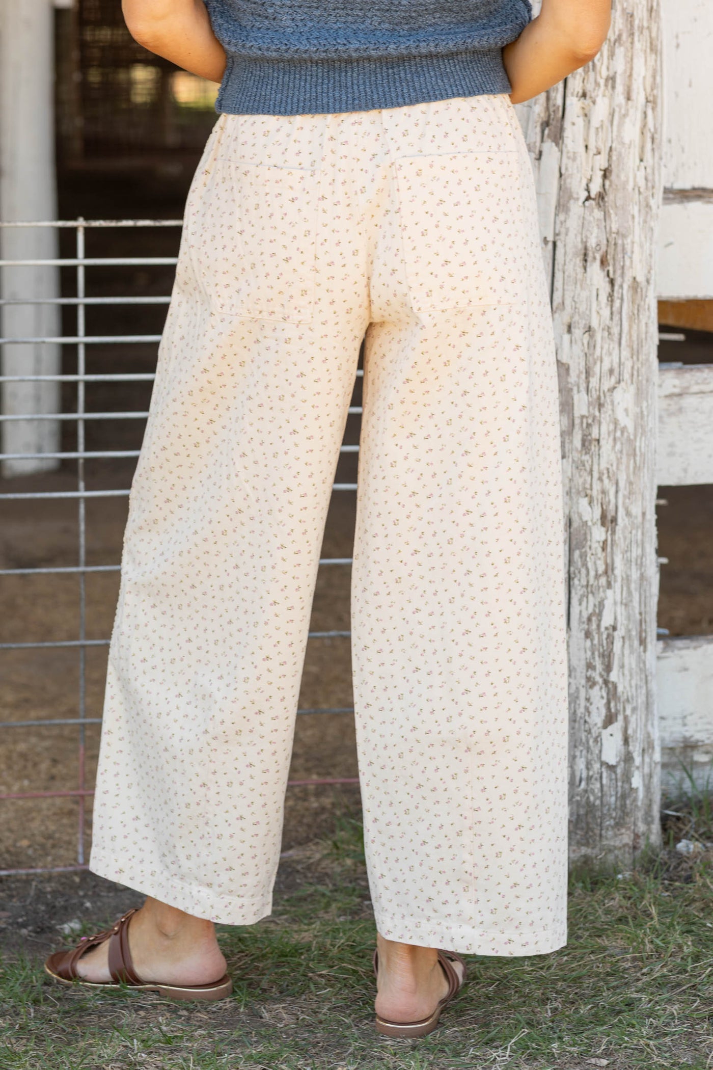 Cream Ditsy Floral Print Lace Stripe Barrel Pants