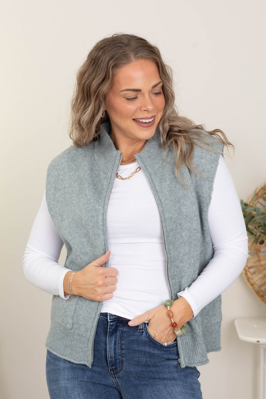 Zip Up Sweater Vests With Patch Pockets