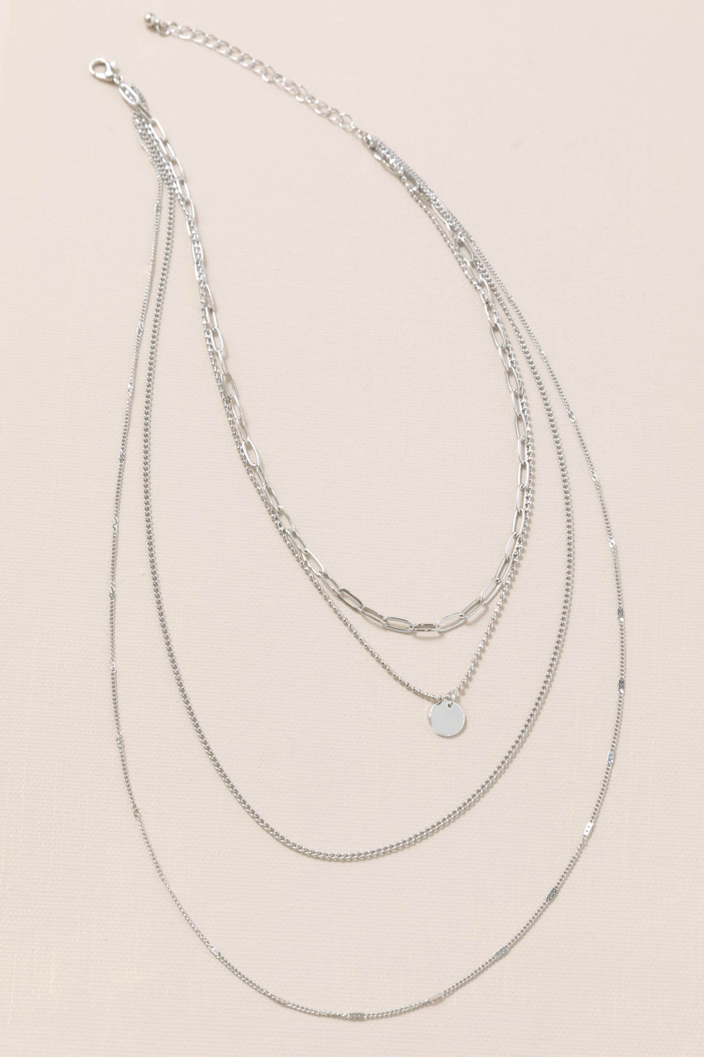 Silver Metal Disc Pendant Layered Necklace