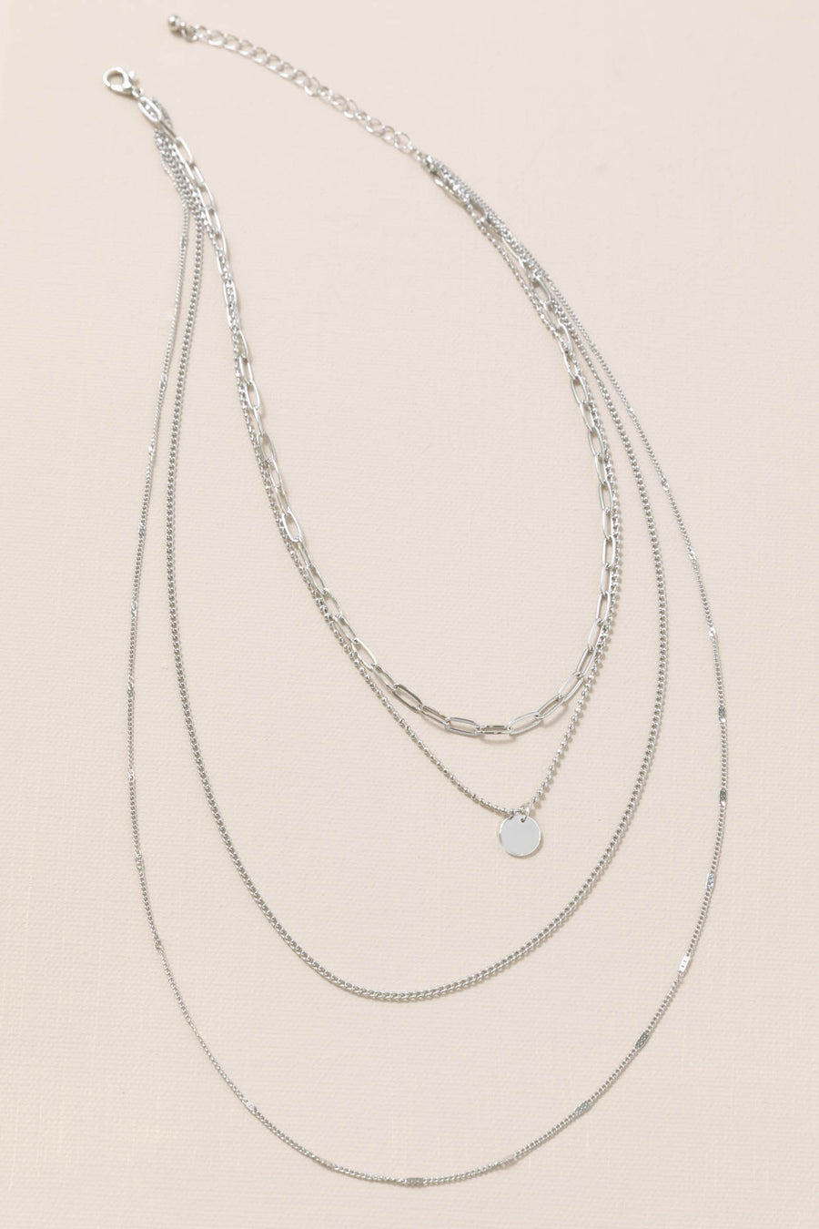 Silver Metal Disc Pendant Layered Necklace