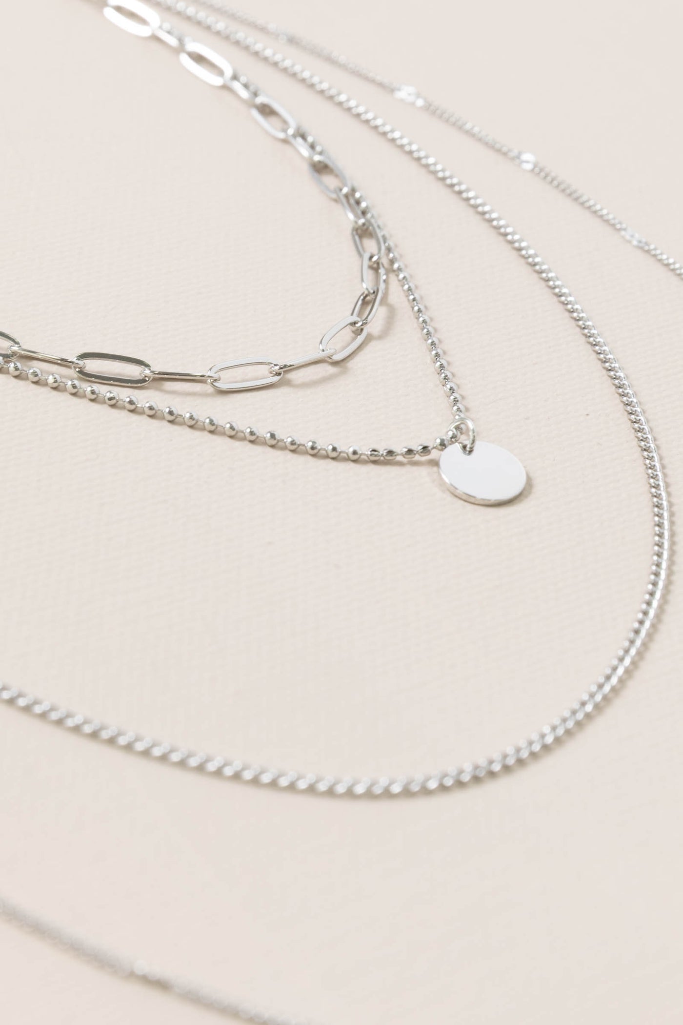 Silver Metal Disc Pendant Layered Necklace