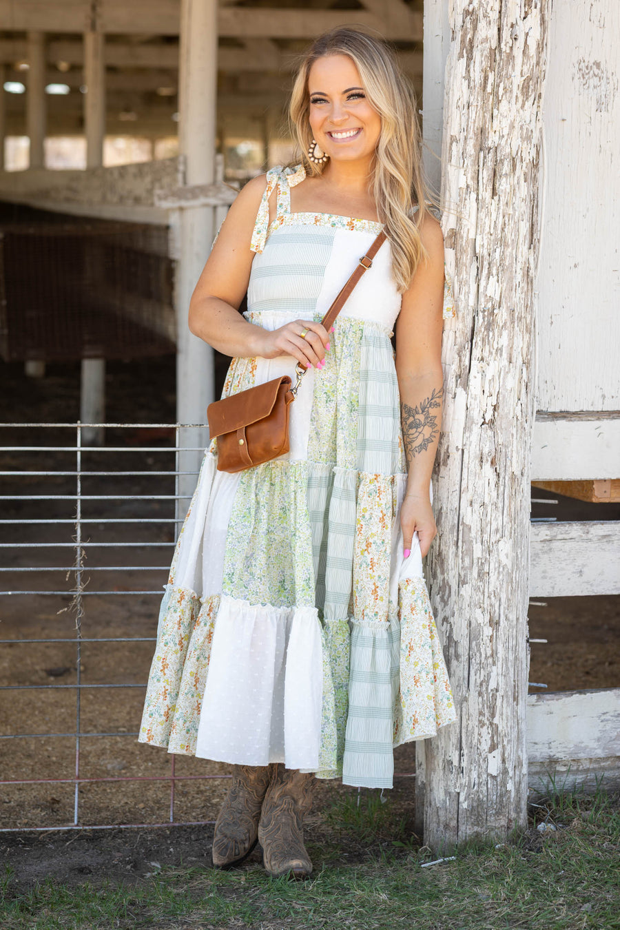 Ivory Patchwork Tie-shoulder Tiered Maxi Dress