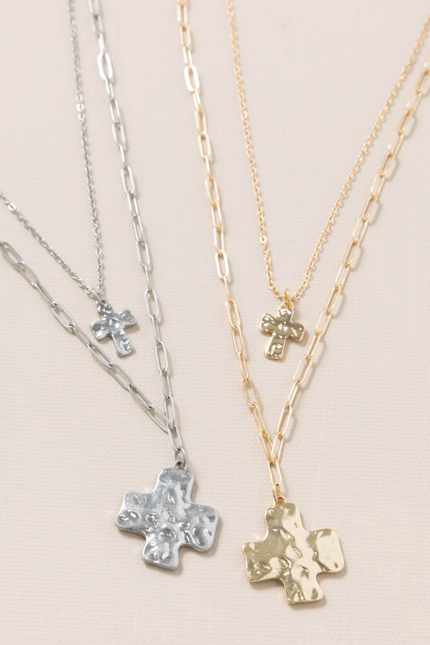 Layered Hammered Cross Pendant Necklaces