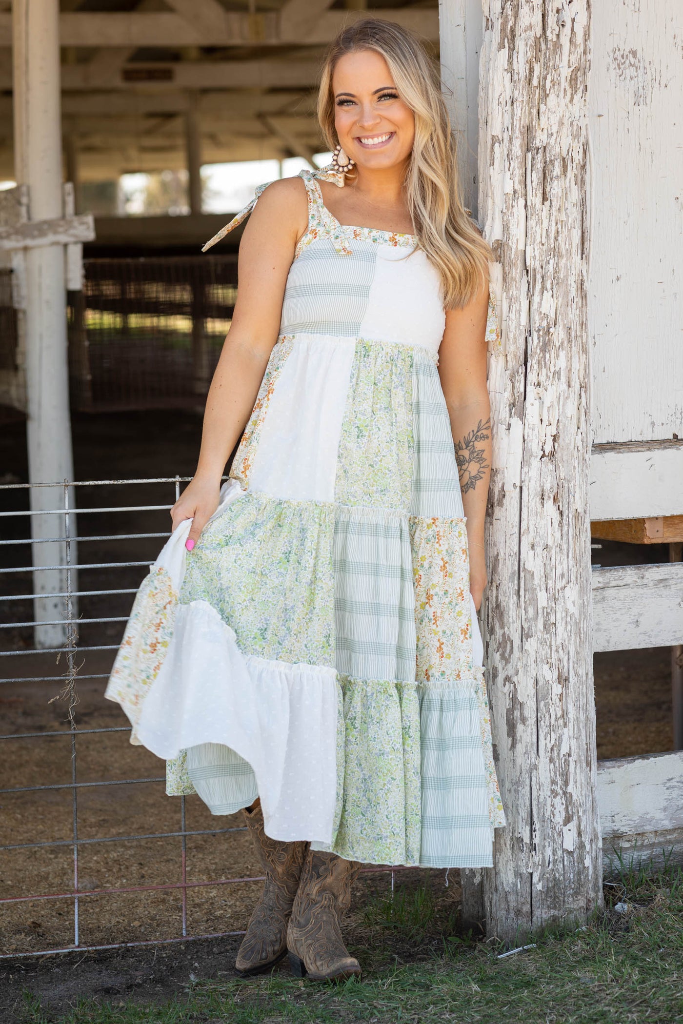 Ivory Patchwork Tie-shoulder Tiered Maxi Dress
