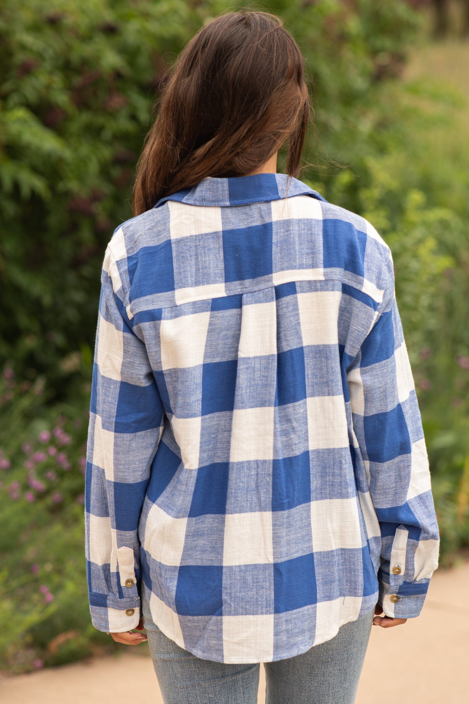 Blue and Off White Plaid Button Up Top - Filly Flair