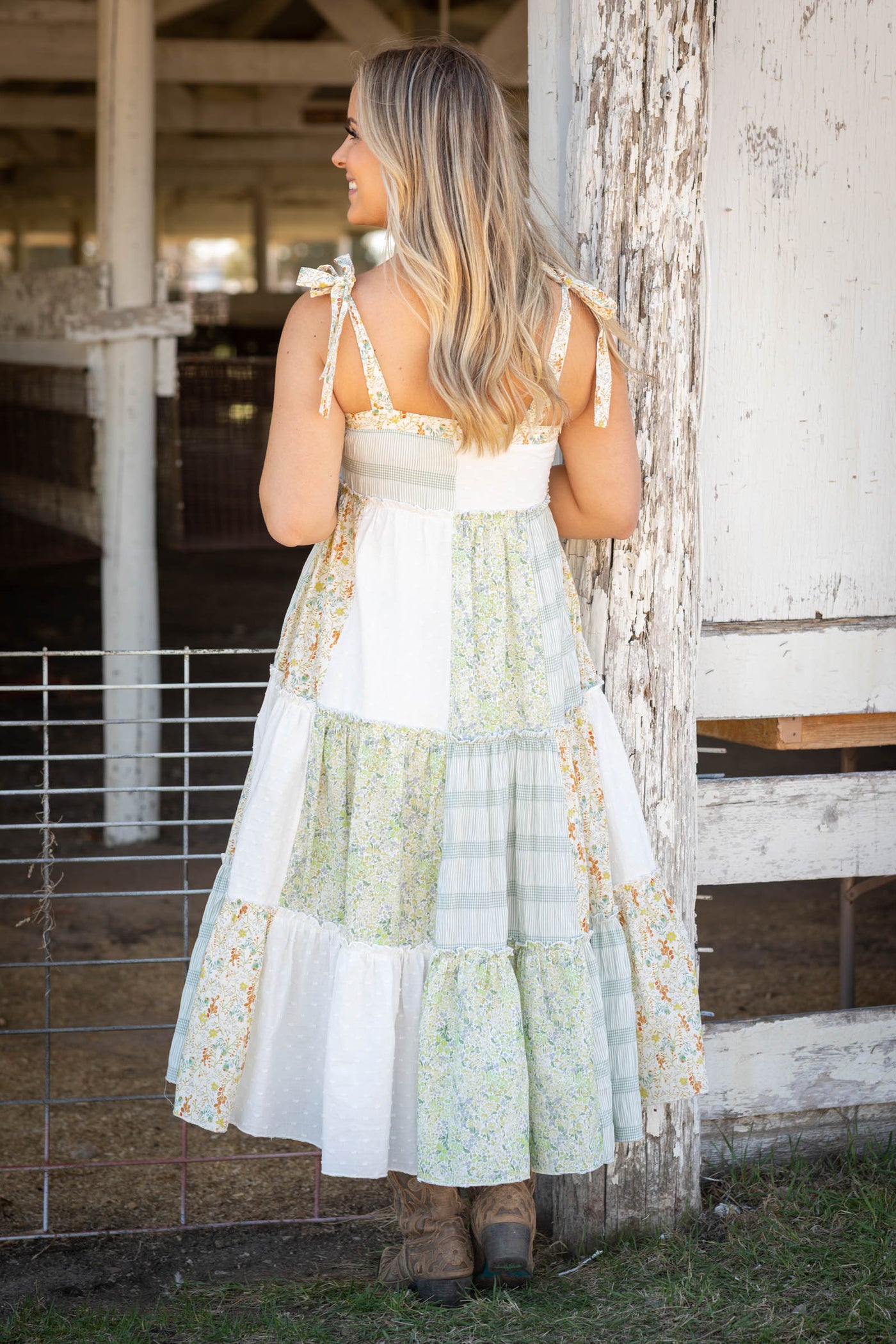 Ivory Patchwork Tie-shoulder Tiered Maxi Dress