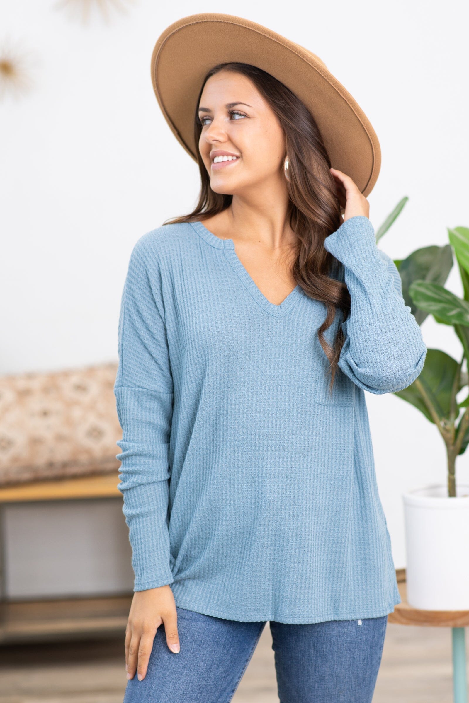 Slate Blue Waffle Knit Pocket Detail Top - Filly Flair