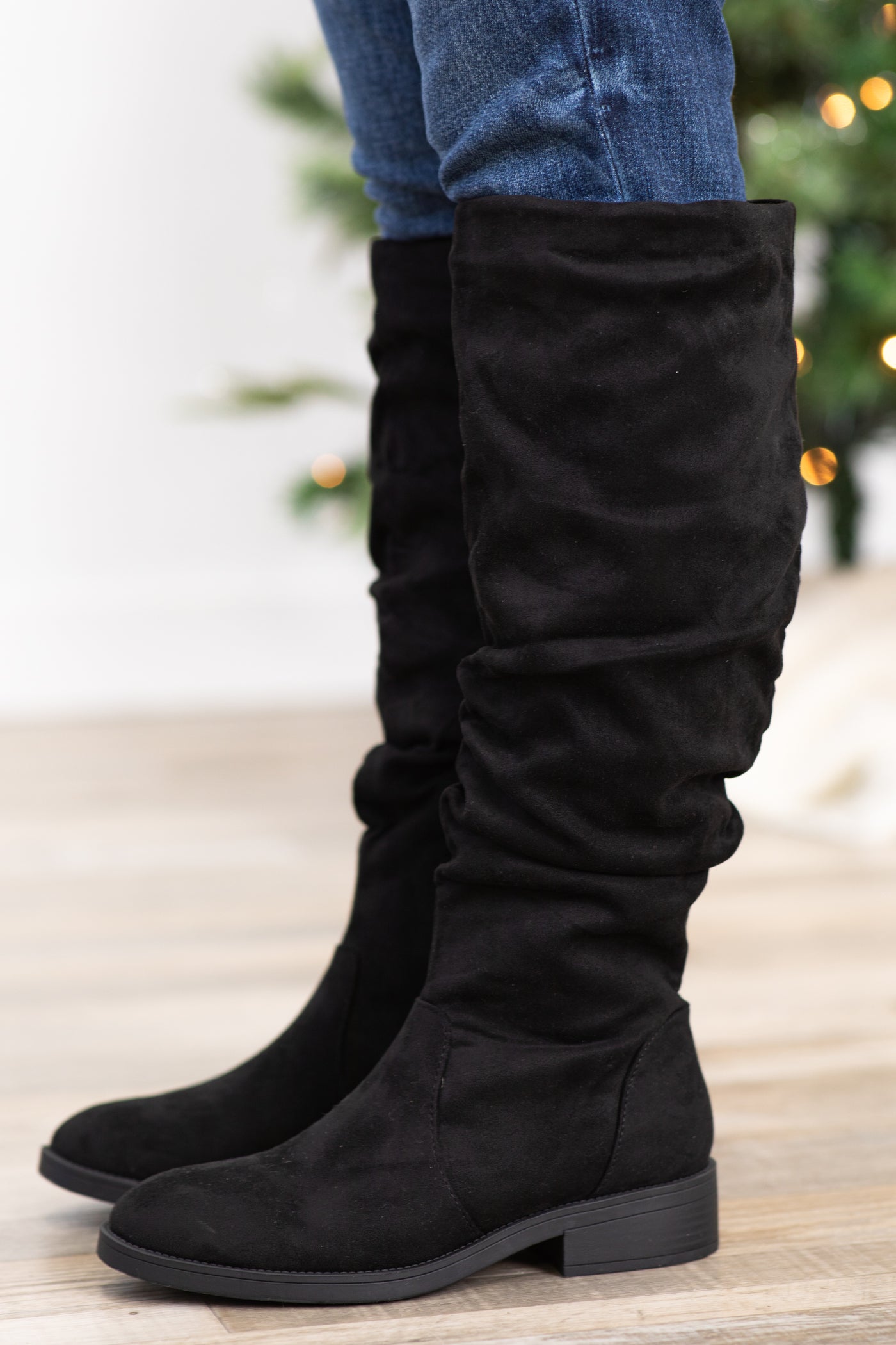 Slouch Boots Flat Long Black Boots Faux Suede Slouchy Knee High