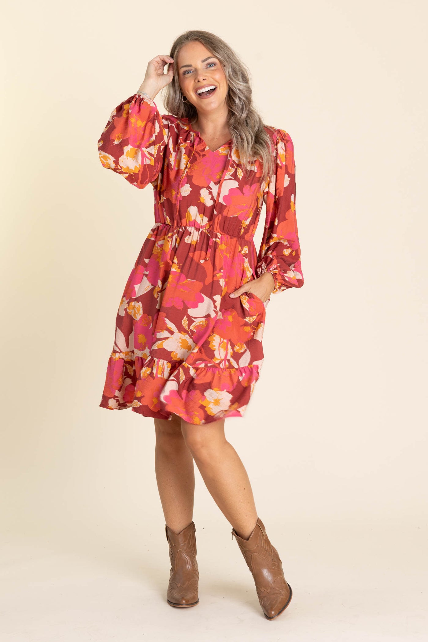 Burgundy Floral Woven Dress With Bow Tie