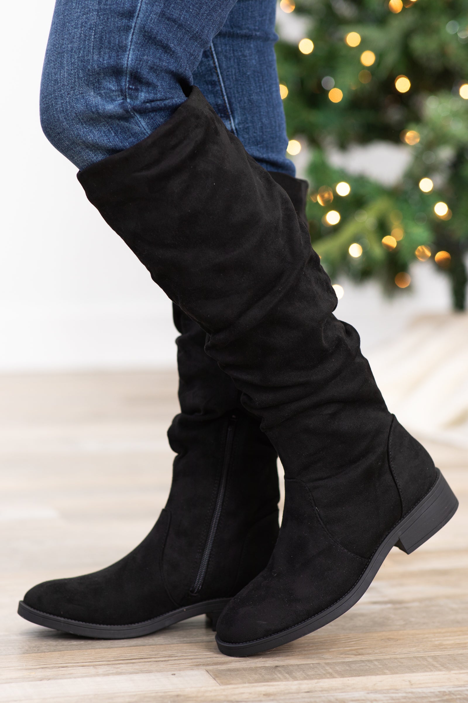 Black Faux Suede Slouchy Tall Boots
