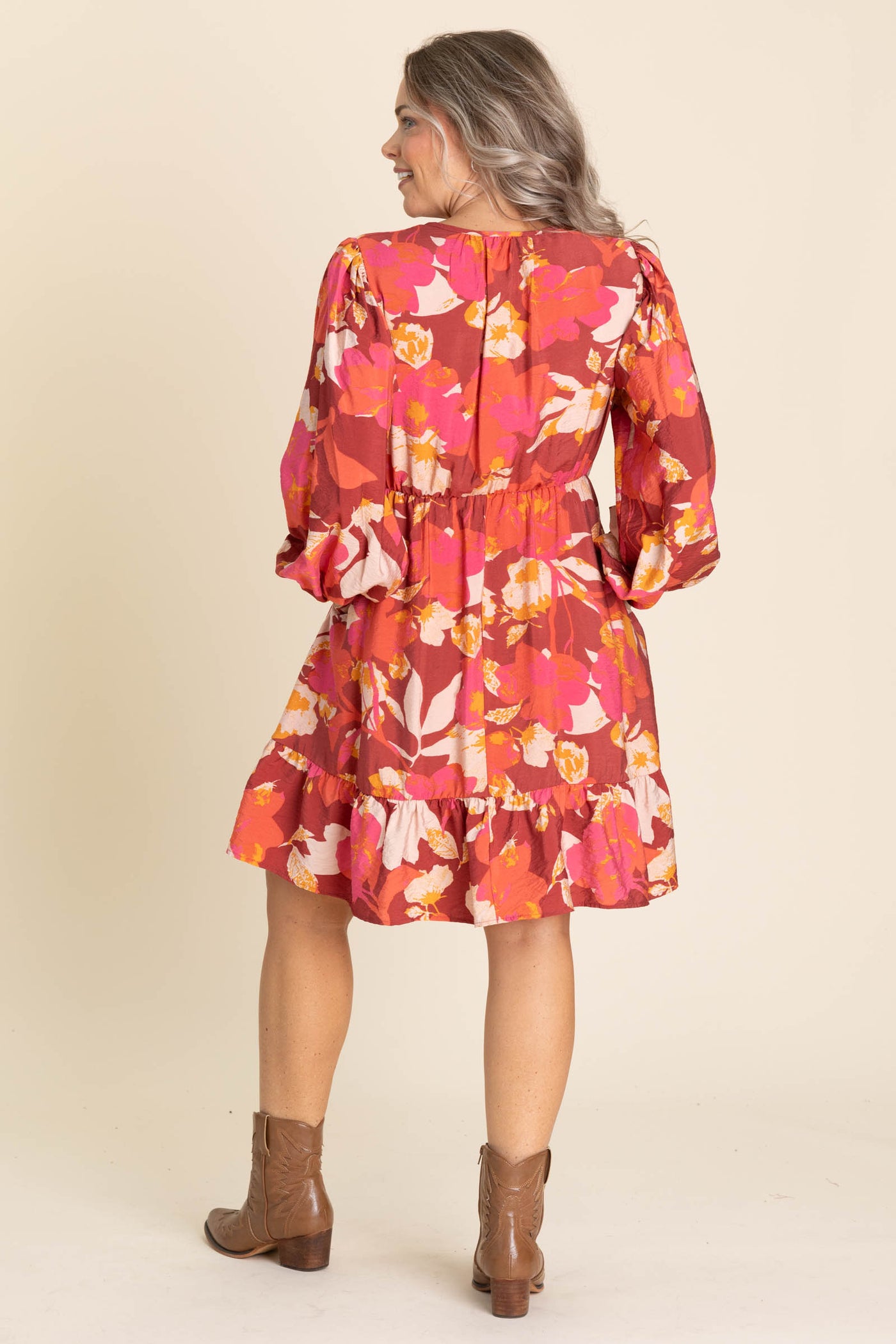 Burgundy Floral Woven Dress With Bow Tie