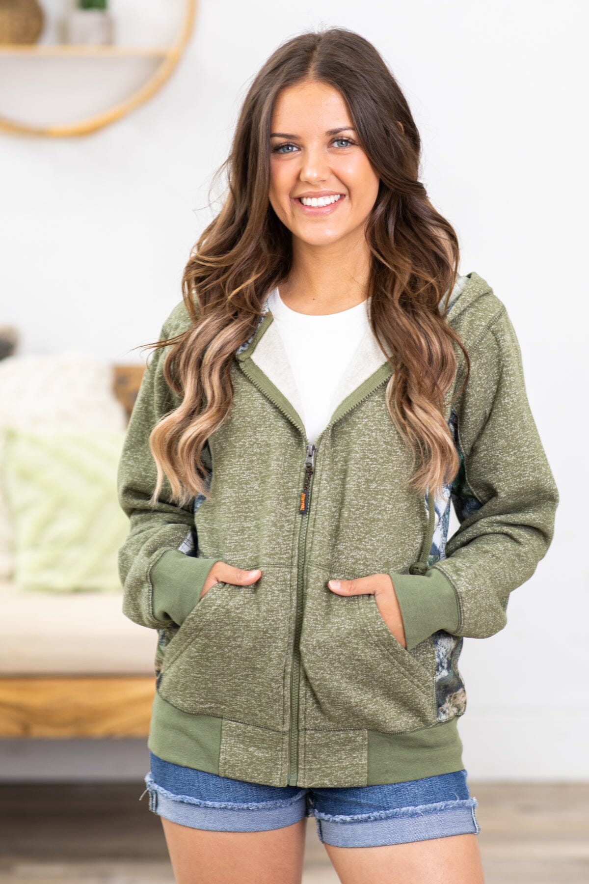 Olive Full Zip Sweatshirt With Camo - Filly Flair