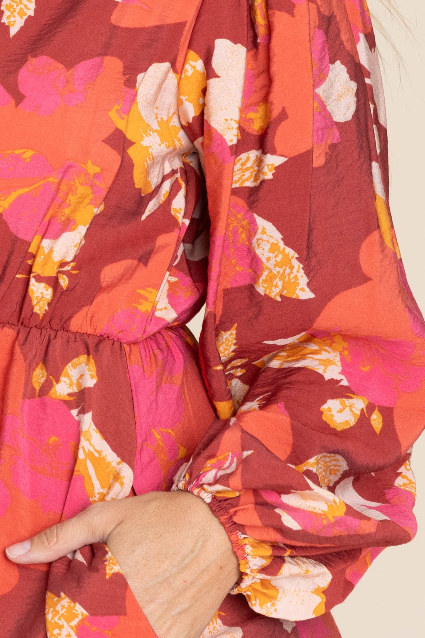 Burgundy Floral Woven Dress With Bow Tie