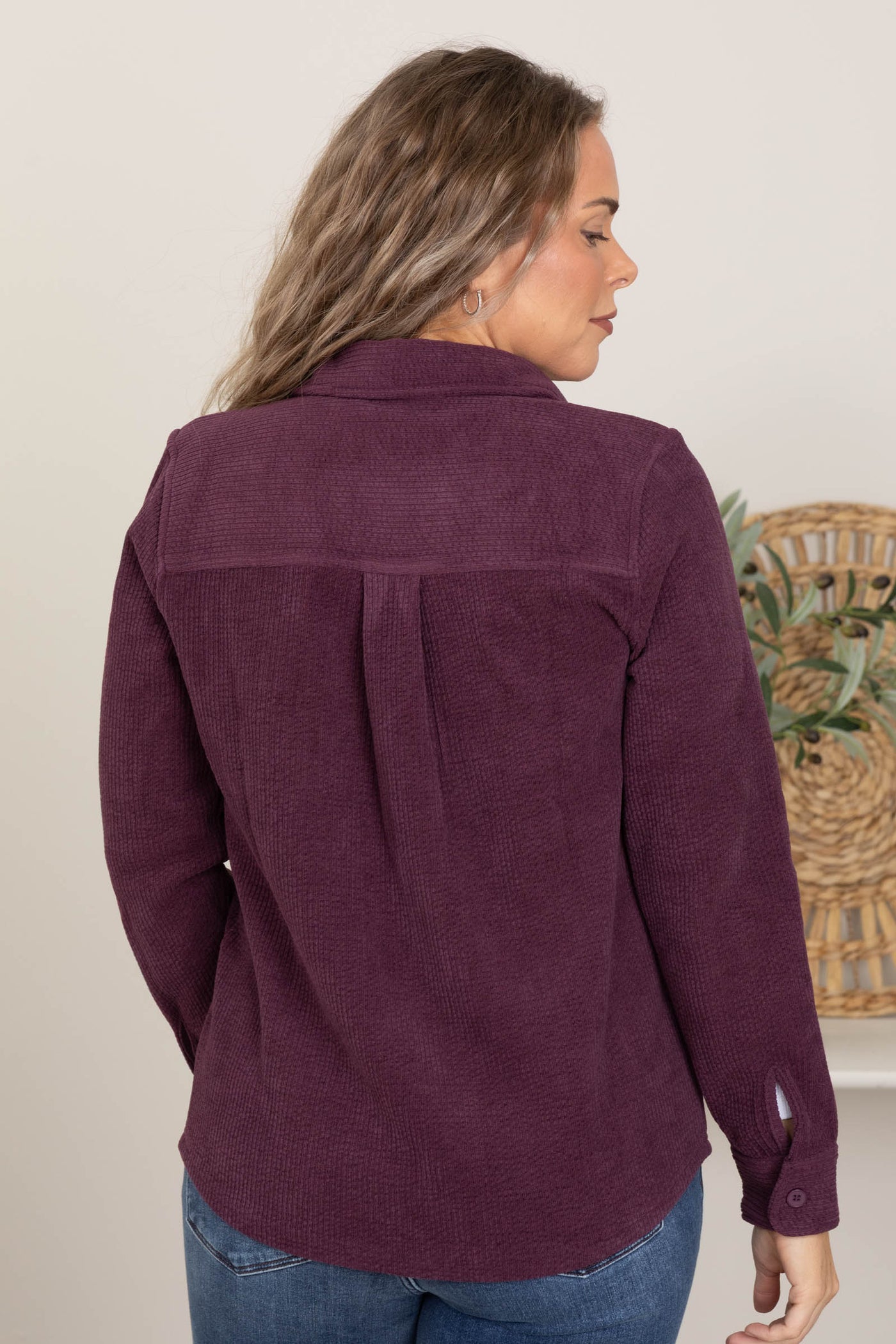 Plum Chest Pockets Knit Corduroy Shackets