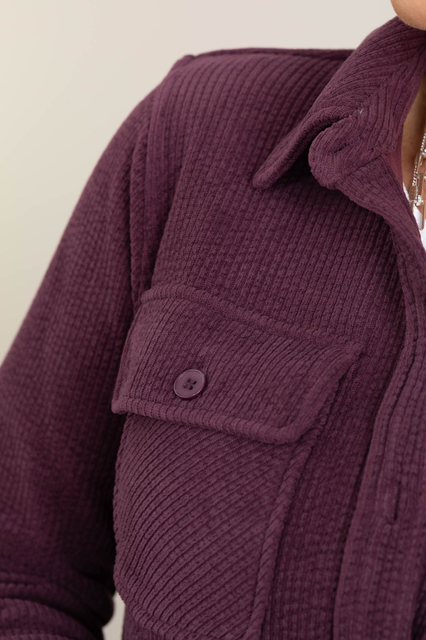 Plum Chest Pockets Knit Corduroy Shackets
