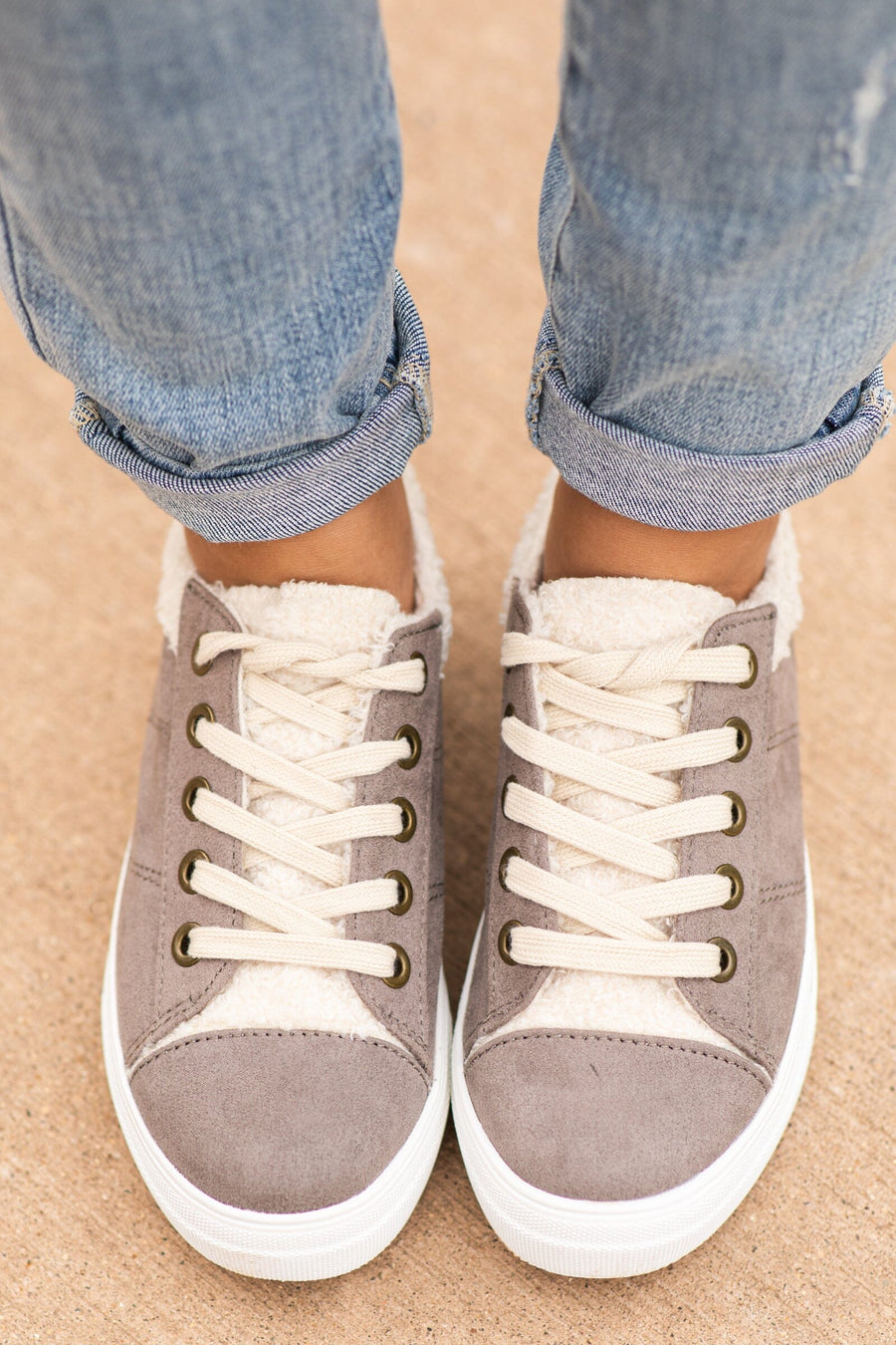 Grey and Beige Lace Up Sneakers - Filly Flair