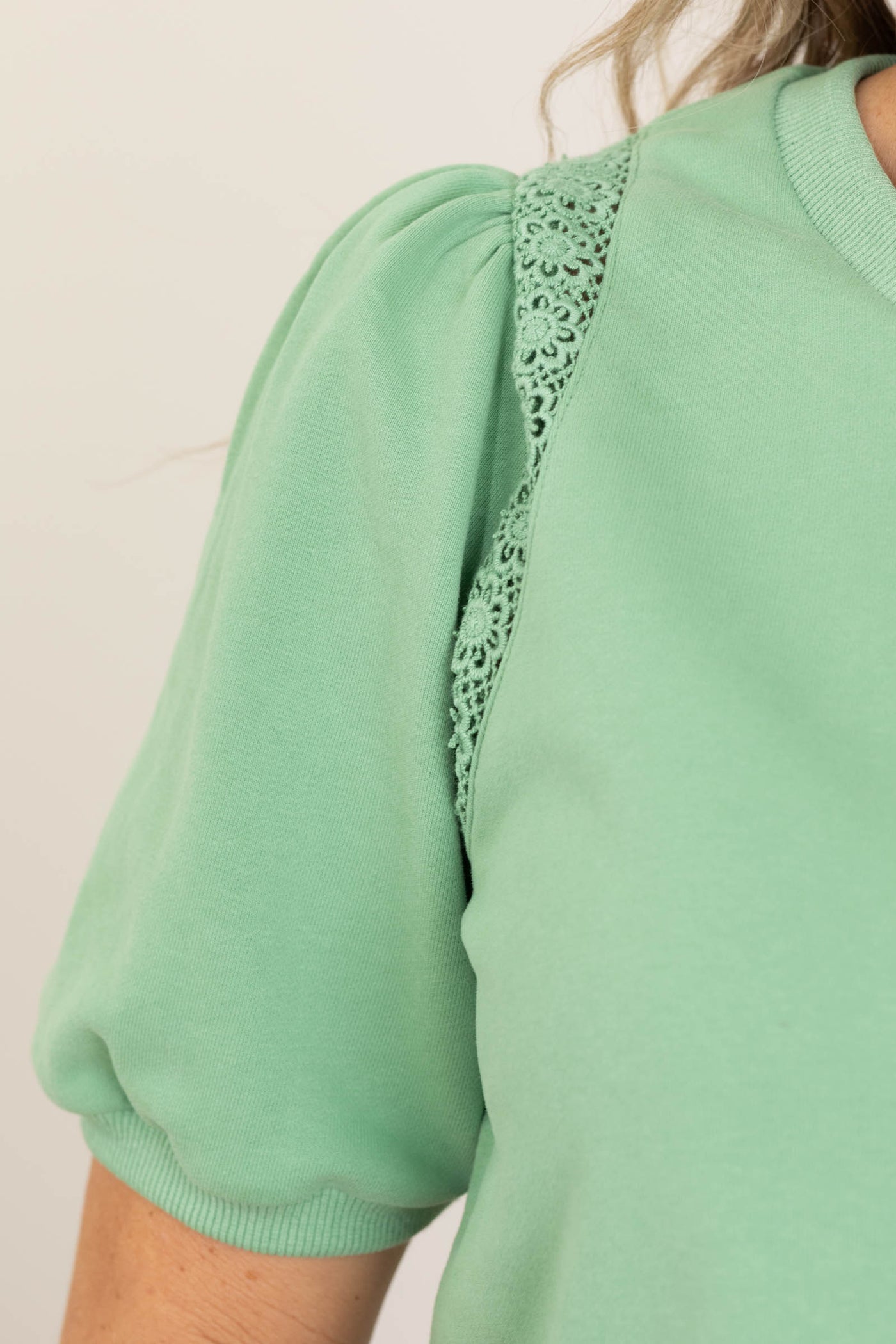 Green Puff Sleeve With Embroidery Detail Top